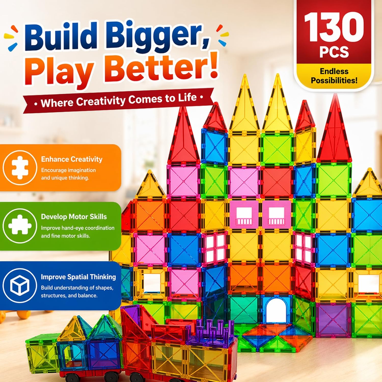 Detalle de LATI 130-Piece Magnetic Tile Big Set for Kids
