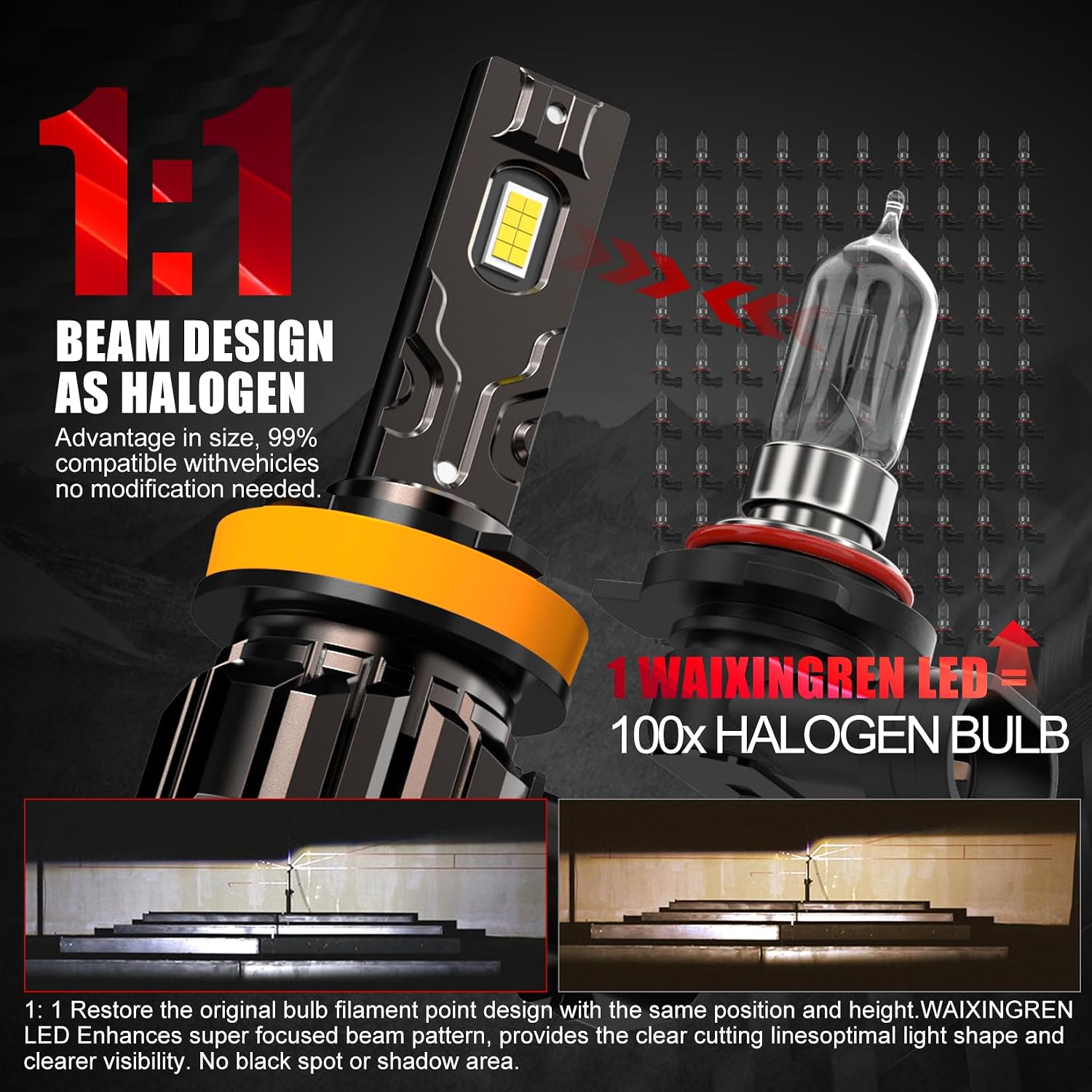 Thumbnail 3 de WAIXINGREN 9012 HIR2 LED Headlight Bulbs (Pack of 2) – 6500K Cool White, 60W, 26000LM, Plug and Play