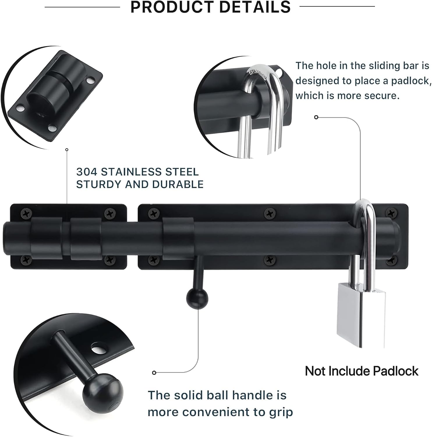 Detalle de Sayayo Heavy Duty Slide Gate Latch Bolt Safety Door Lock EMS9200-B (230mm Length, 19mm Dia Bar) in SUS304 Matte Black