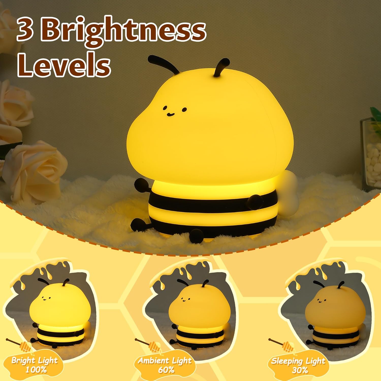 Thumbnail 1 de YuanDian Cute Bee Night Light for Kids — Soft Silicone Nursery Lamp with 7 Colours and Dimmable Tap Control