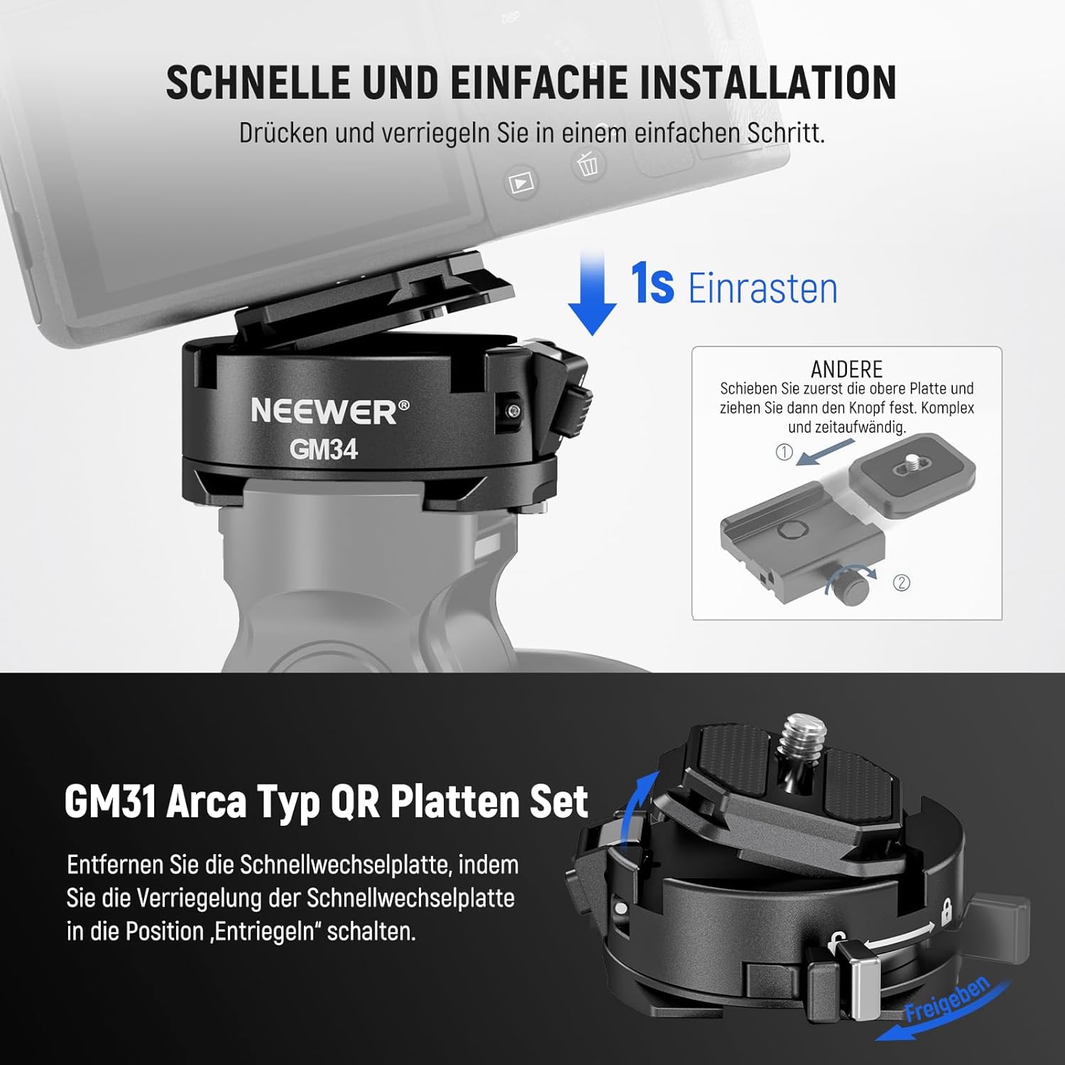 Thumbnail 3 de NEEWER GM34 Kamera Schnellwechselplatten-Set (QR) mit Arca-Swiss-Klemme, 1/4“ Gewinde und Sicherheitsverriegelung