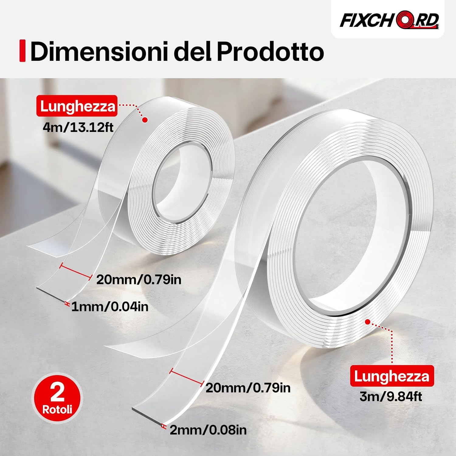 Thumbnail 1 de FIXCHORD Nastro biadesivo extra forte trasparente rimovibile (2 rotoli) in acrilico impermeabile