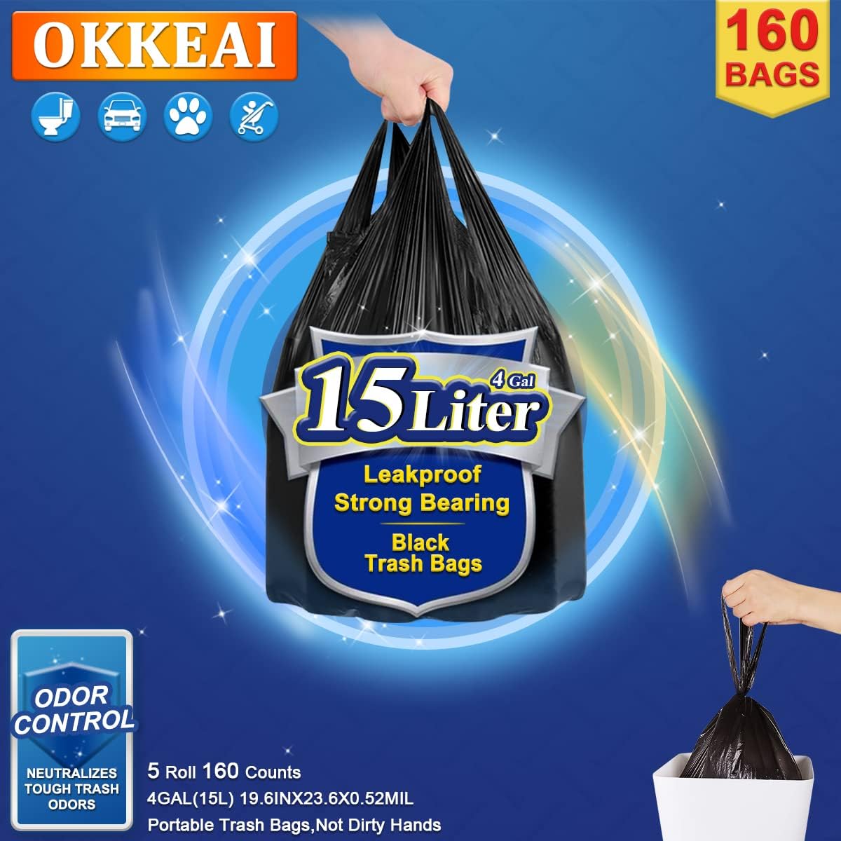 Detalle de 15l Small Black Bin Bags with Tie Handles — 160-Count Pack