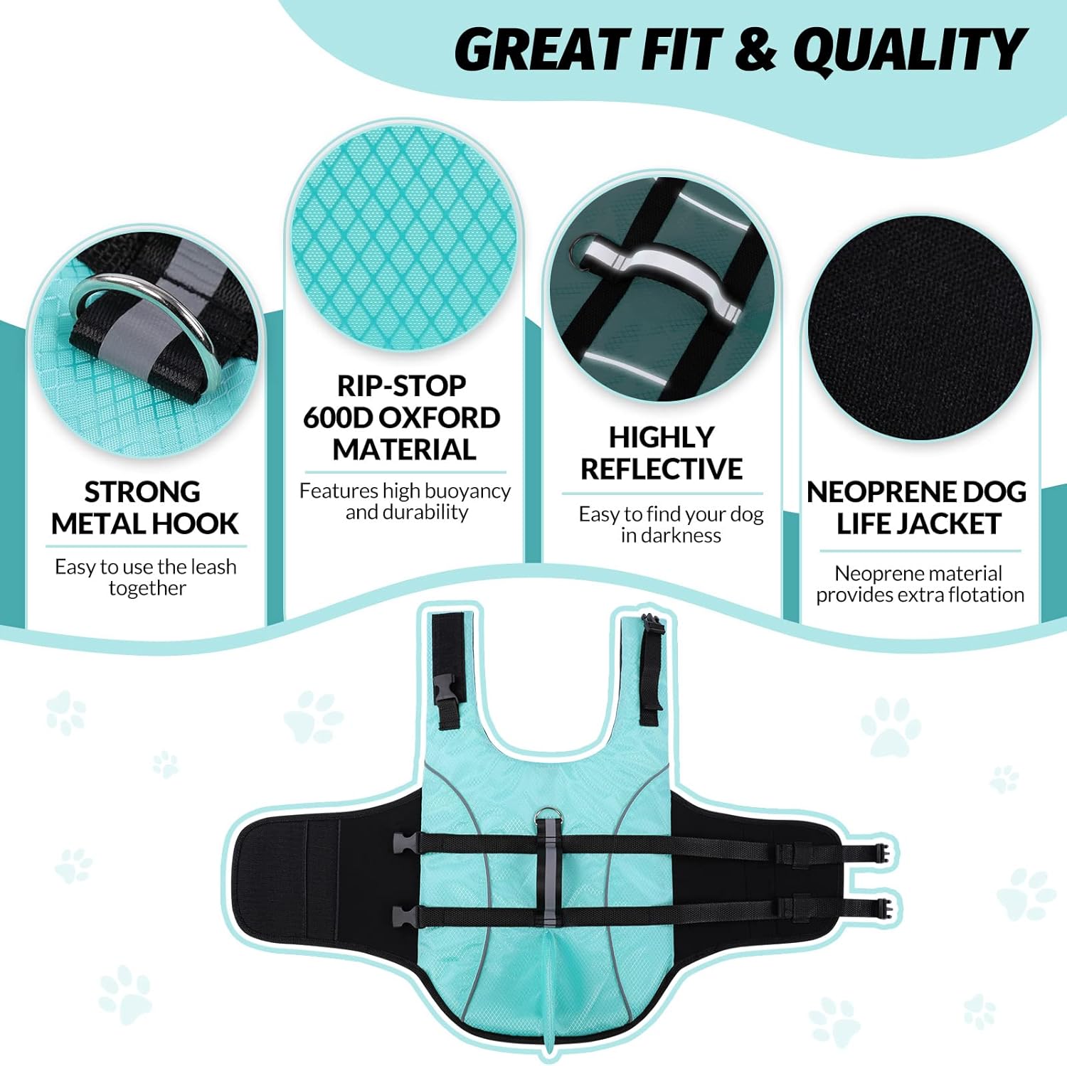 Detalle de Queenmore Ripstop Dog Life Jacket Shark Life Vest – XS Light Blue for Small/Medium Breeds