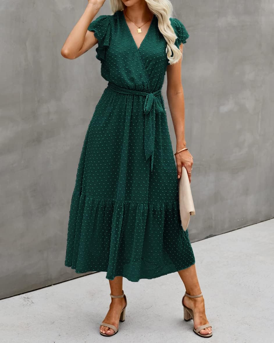 Thumbnail 5 de BTFBM Women Summer Bohemian Floral Wrap Midi Dress with V-Neck and Pleated Hem