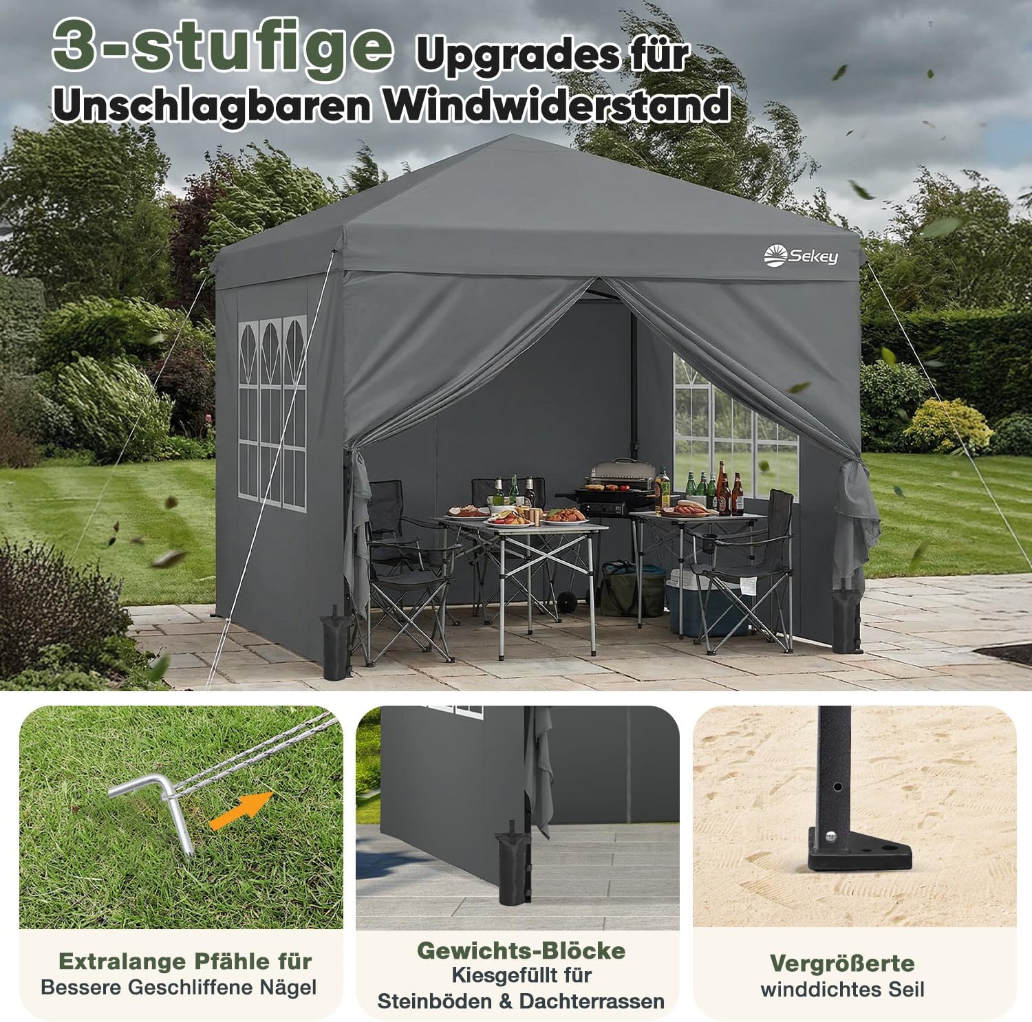 Detalle de Sekey Pop Up Pavillon 3x3: Wasserdicht, stabil und flexibel – Premium Serie Anthrazit