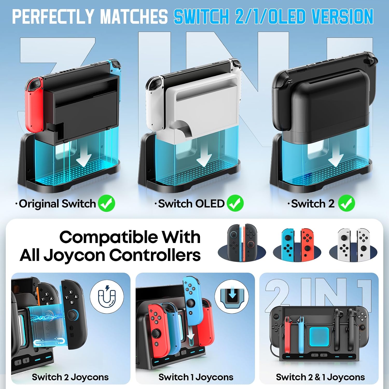 Detalle de for Mac Game Switch 2/1 Charging Dock Station: Dual Joycon Charging & Display Hub with 9 RGB Modes