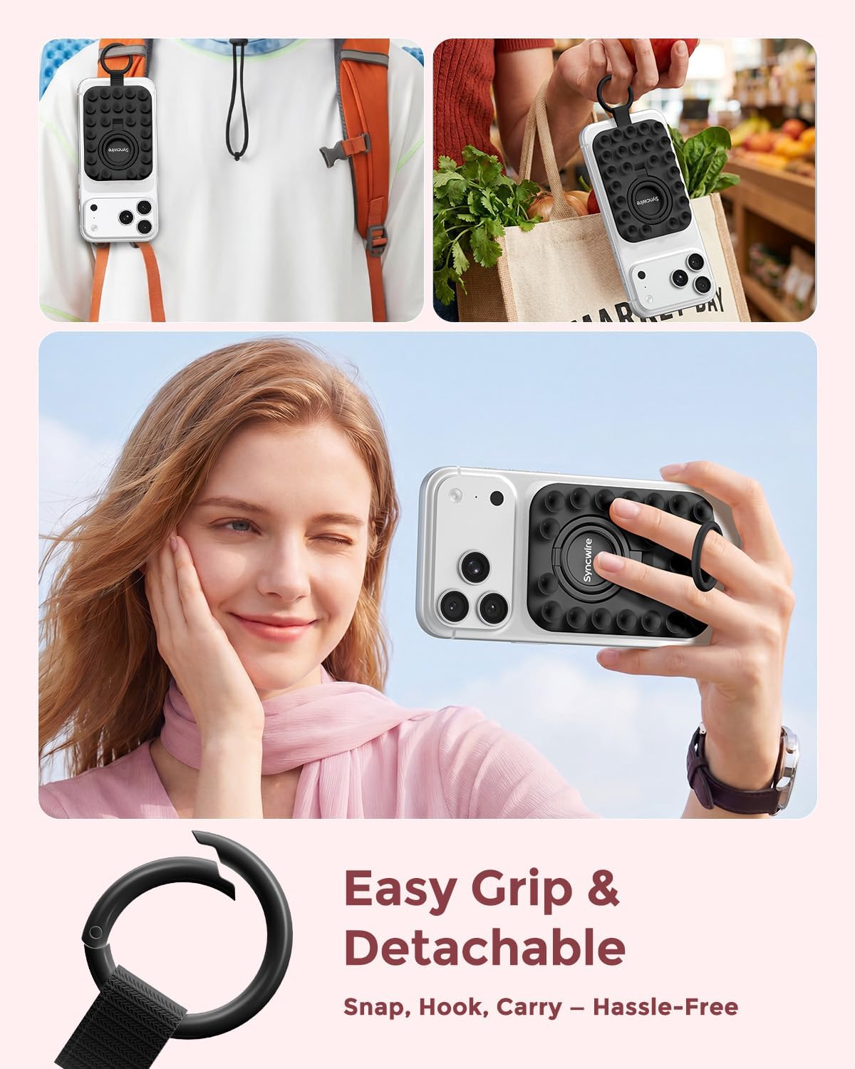 Detalle de Syncwire Magnetic Suction Phone Mount for MagSafe (Midnight Black) with Silicone Octo Cup Grip Ring