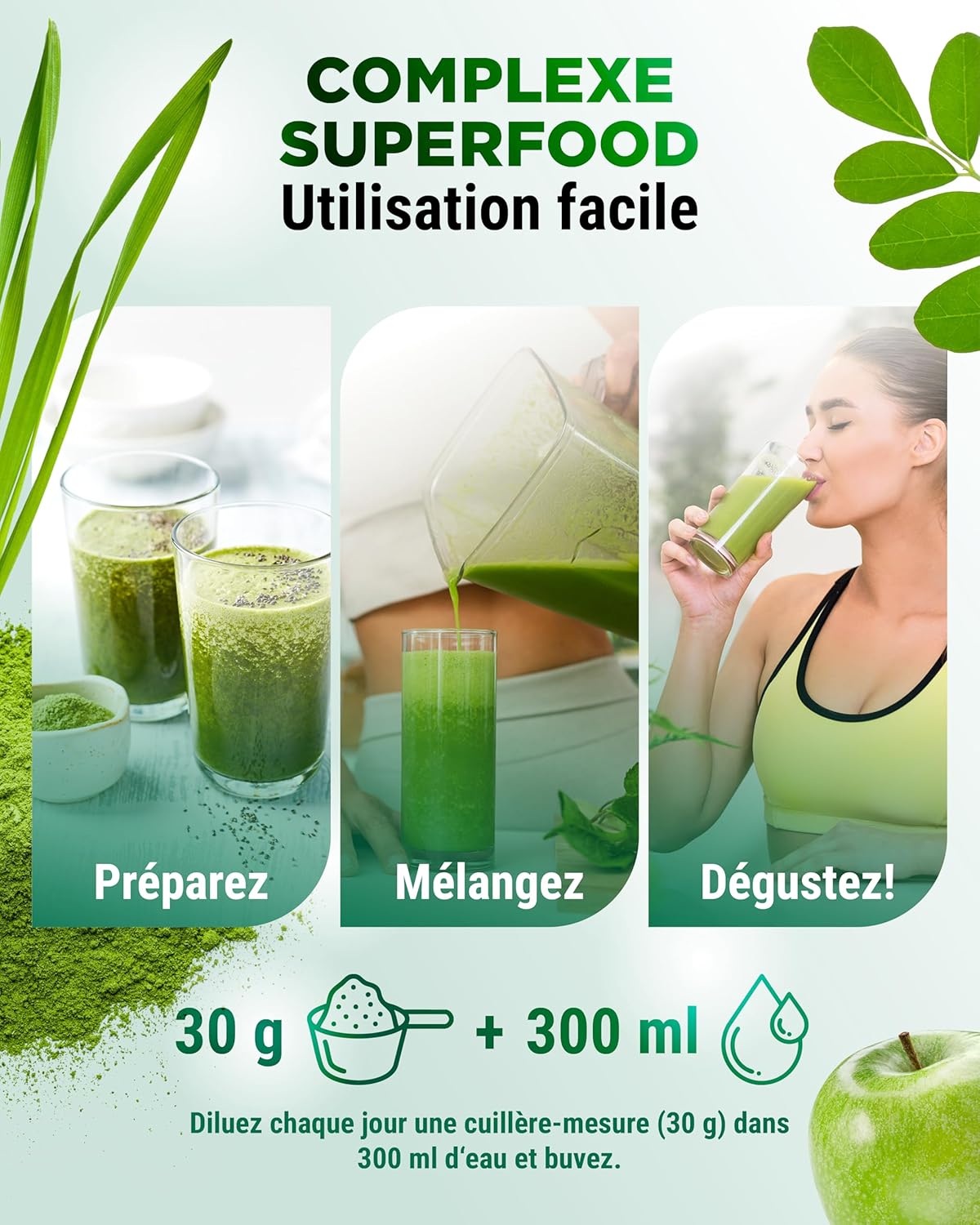 Detalle de Vit4ever Daily Greens & Fiber Poudre (600 g) – combinaison fibres & superfoods au goût pomme verte
