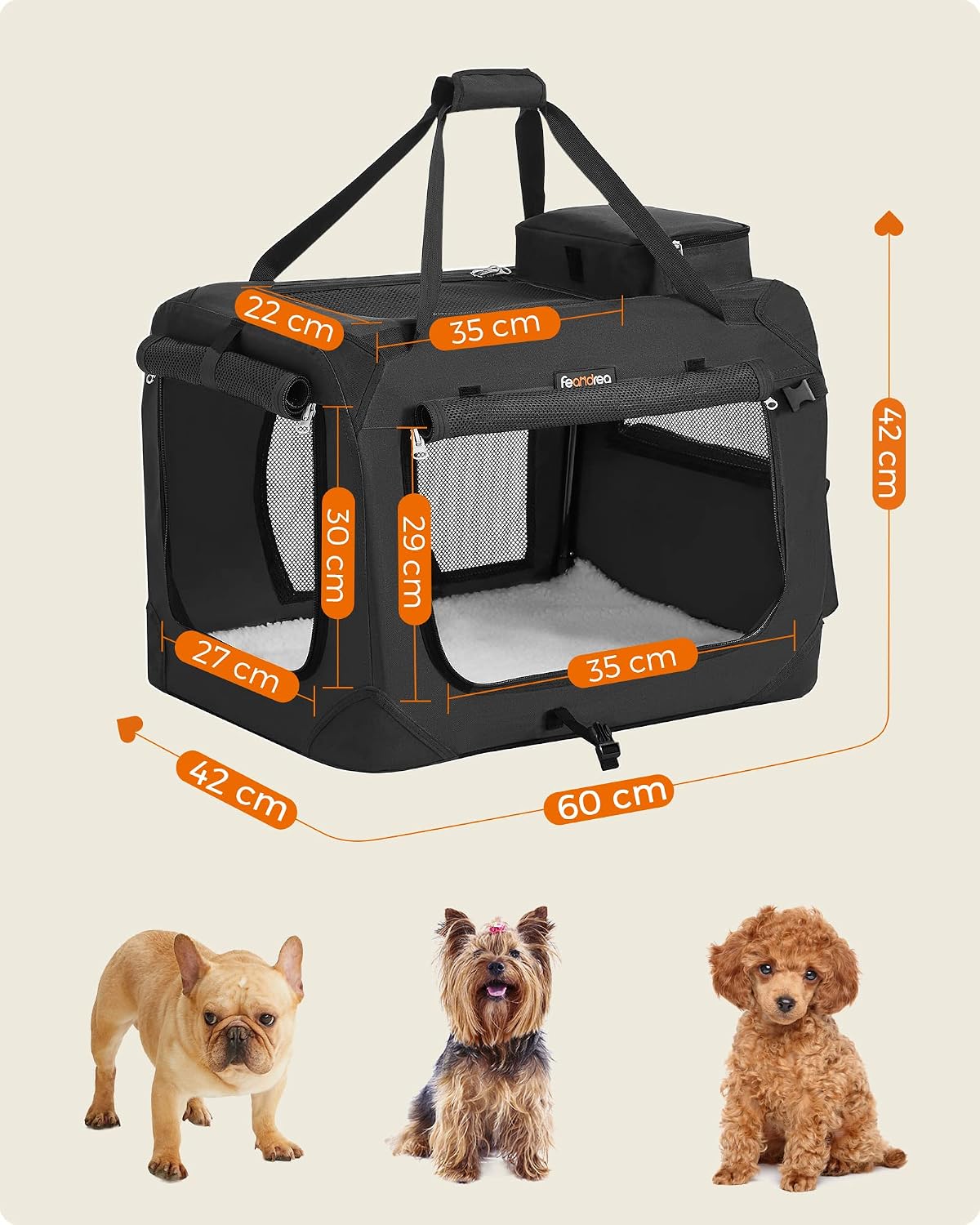 Detalle de Feandrea Sac Transport Chat Chien – Caisse Pliable, 60 x 42 x 42 cm, Noir