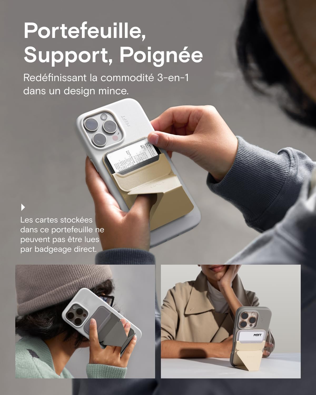 Detalle de MOFT Porte Carte MagSafe pour iPhone 17–12 | Portefeuille et support en cuir végan MOVAS Gris Froid