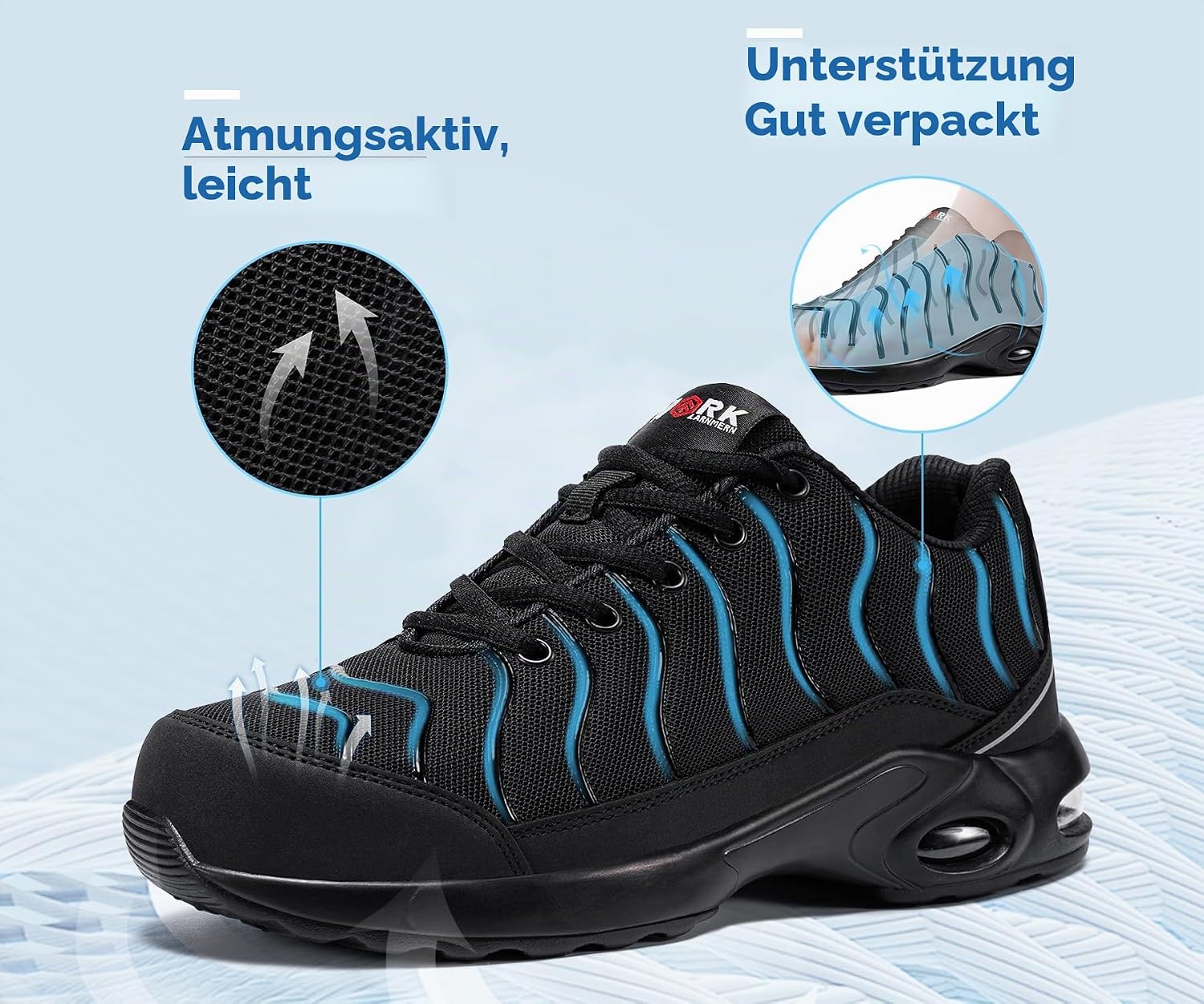 Detalle de LARNMERN Arbeitsschuhe Unisex – leicht, breit/normal geschnitten, Stahlkappe, Stoßdämpfung, atmungsaktiv, Größe 35–51 EU