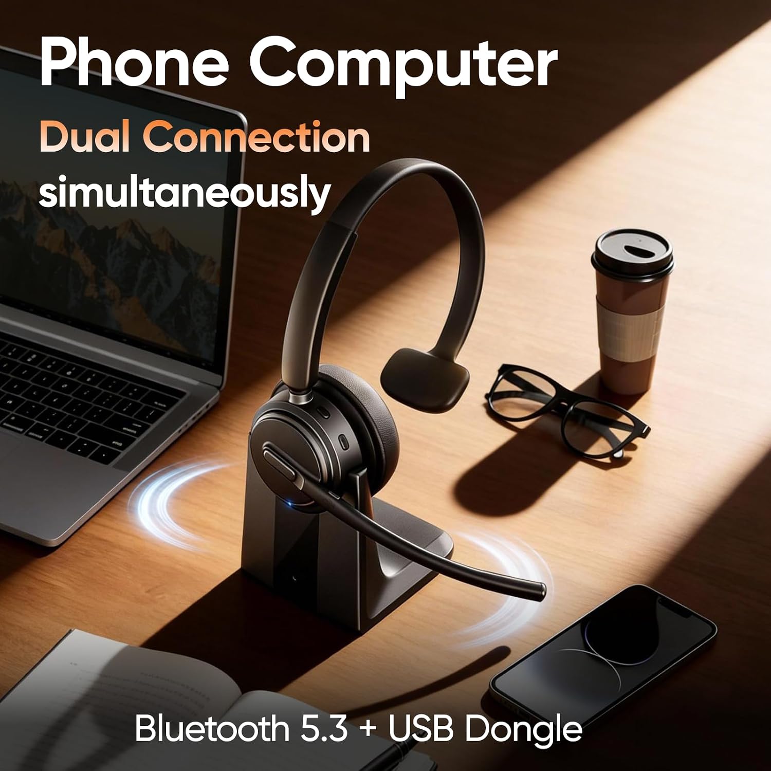 Detalle de Angteela DH18B Wireless Headset with Mic, ENC, Bluetooth 5.3 & Charging Base
