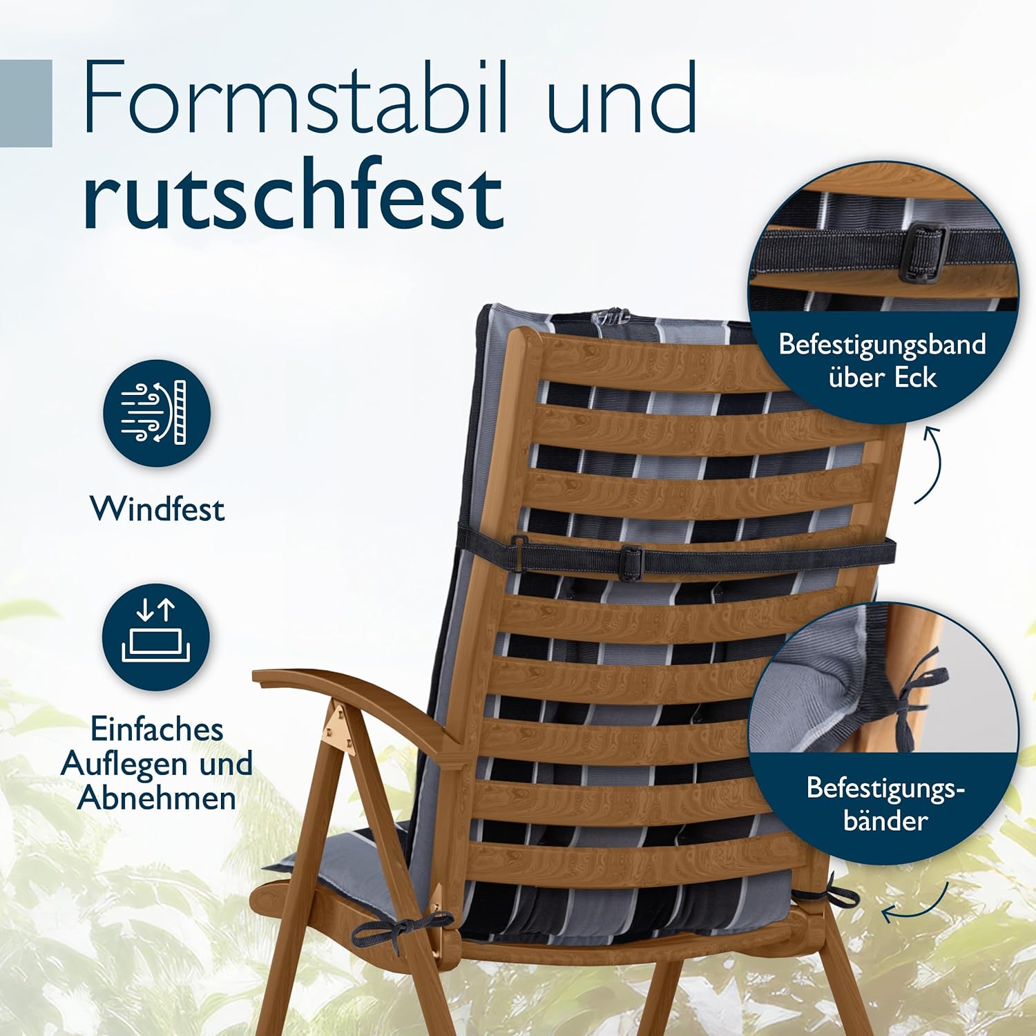 Detalle de Beautissu 2er Set Premium Hochlehner Auflagen – 120x50 cm, 8 cm dick, Kopfpolster, rutschfest, UV-beständig, Anthrazit gestreift