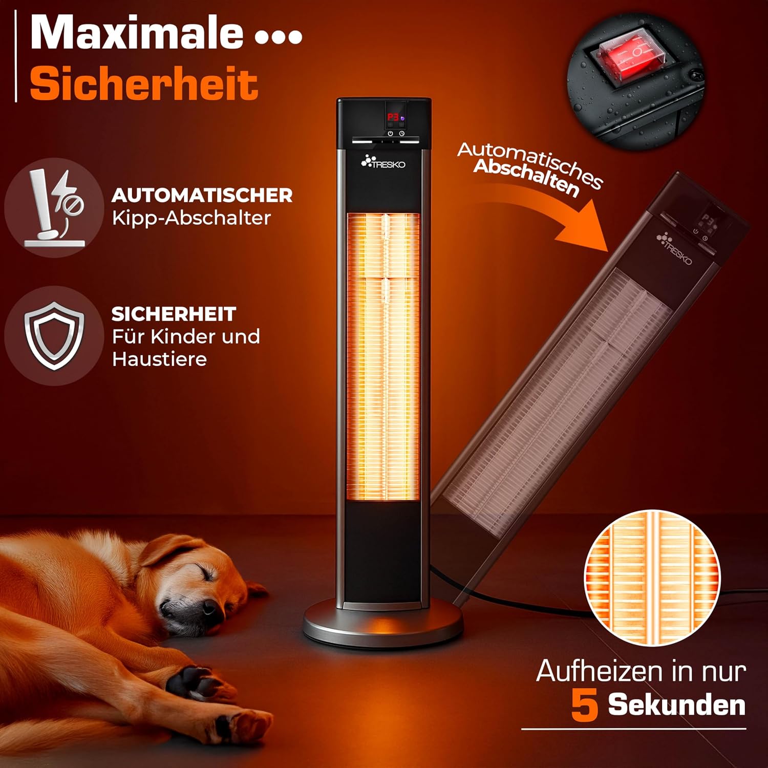 Detalle de TRESKO THSL-009 staande infrarood terrasverwarmer, 2.000 W, 3 standen