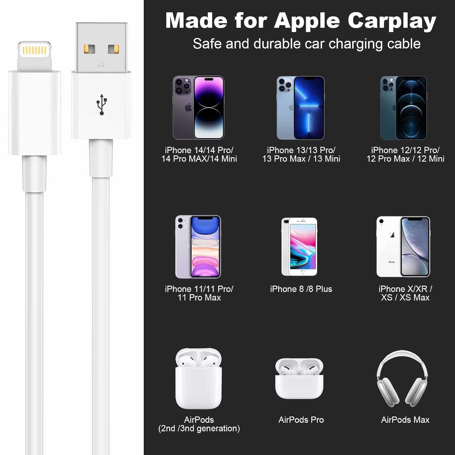 Detalle 2 de Car Apple Carplay Cable: USB A to Lightning, 3FT for iPhone CarPlay