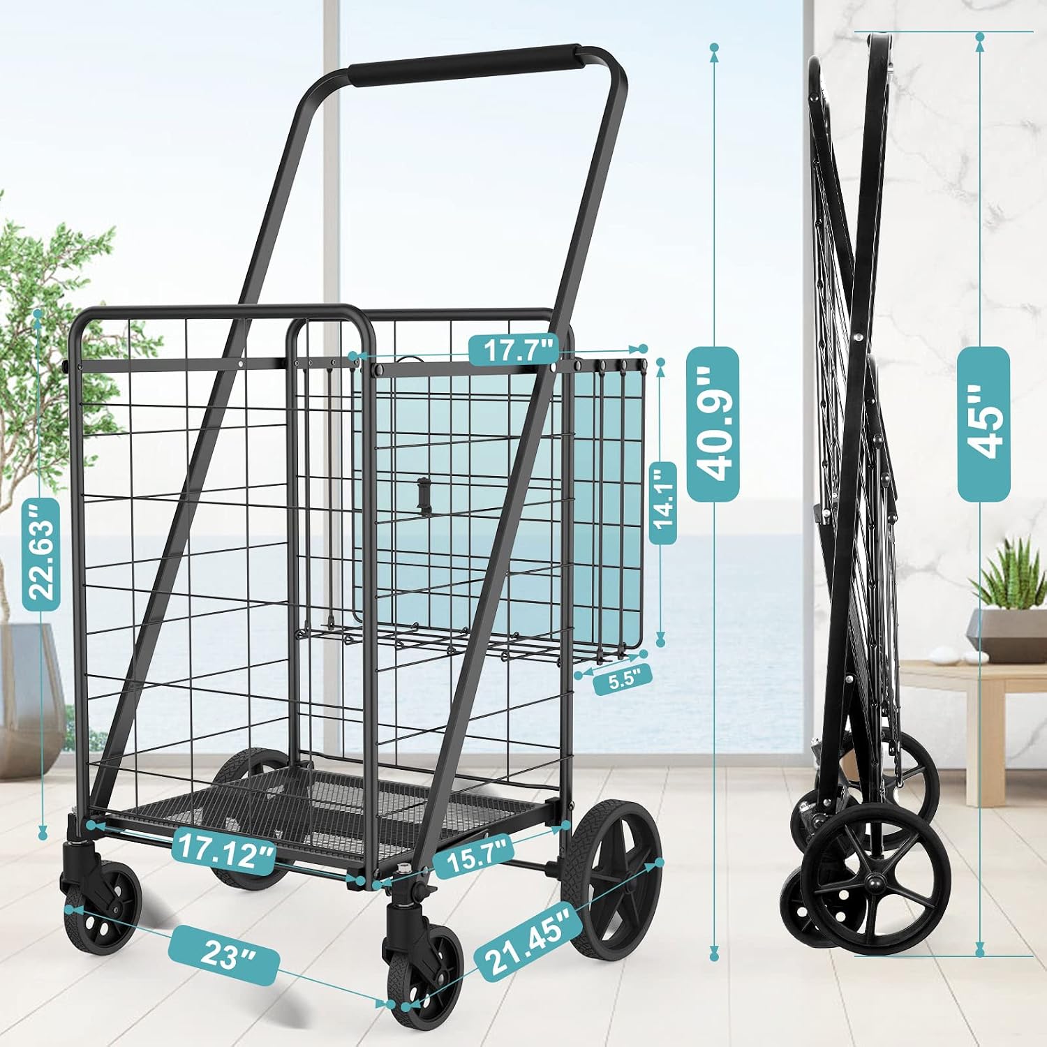 Detalle 1 de RXUJYC Shopping Cart, 330 lb Folding Grocery Cart with Double Baskets & Swivel Wheels