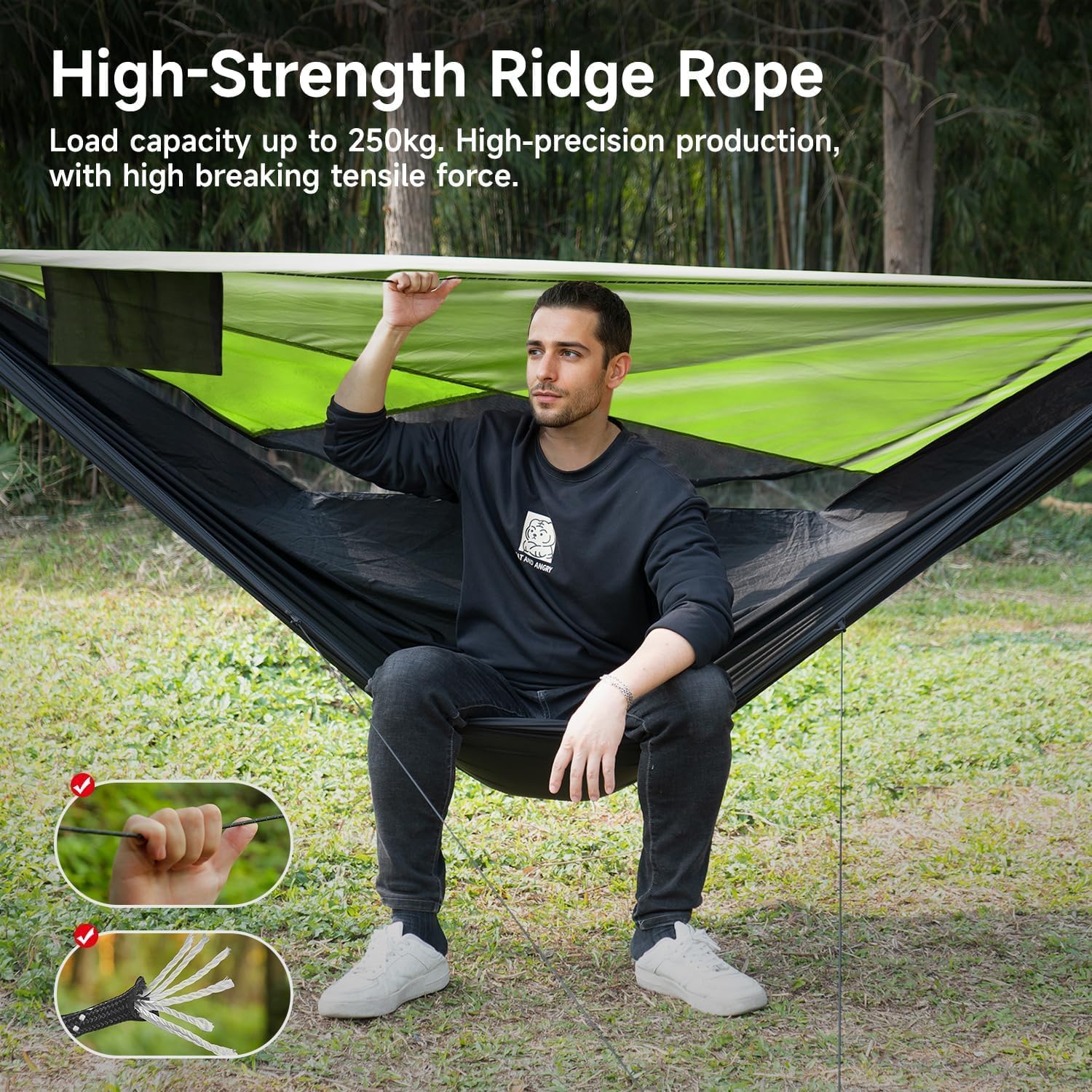 Detalle de Travel Bird Camping Hammock with Mosquito Net, Sunshade & Ridge Rope — 290 x 140 cm