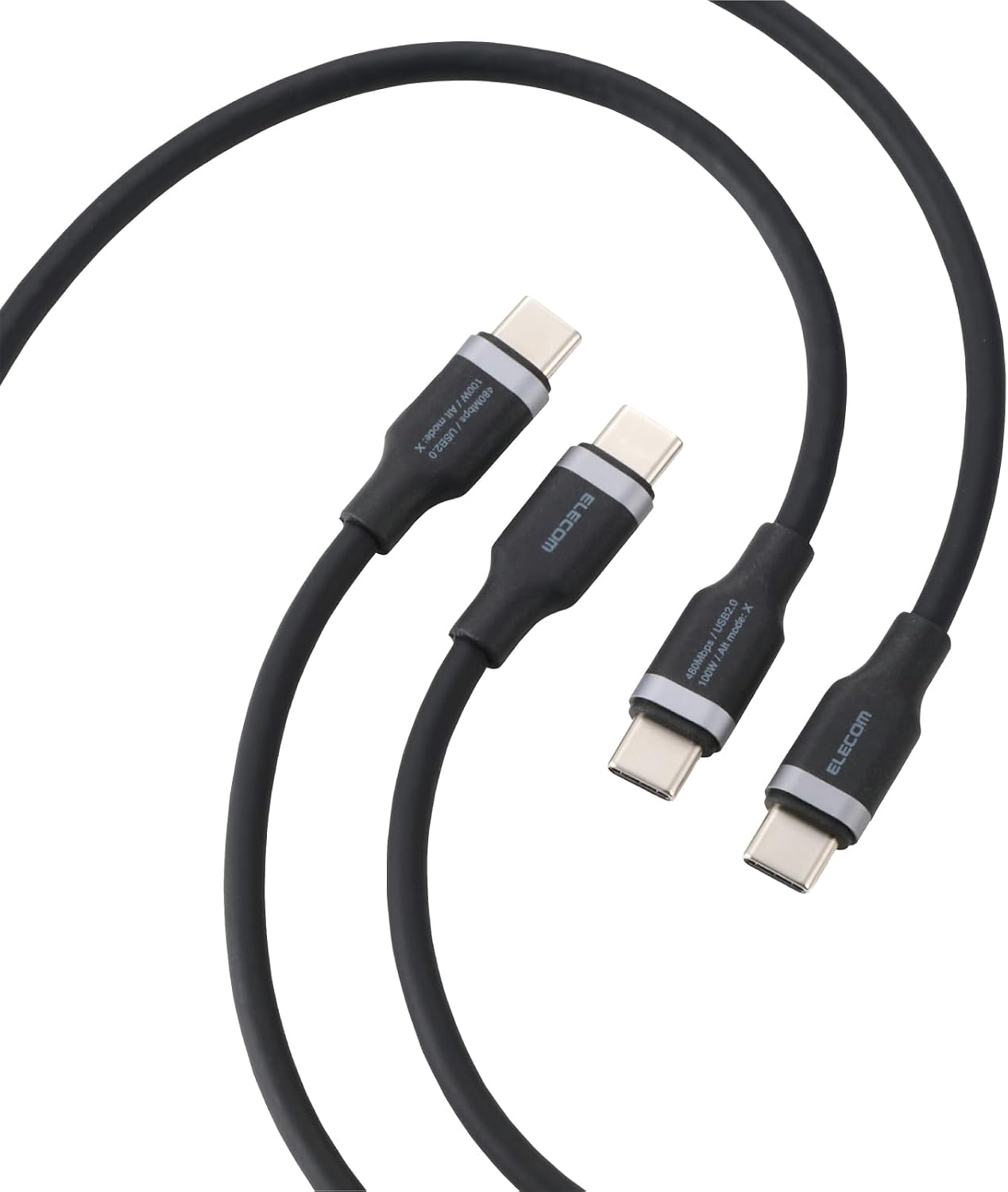 Detalle de エレコム MPA-CCECSS20BB USB Type-Cケーブル 2m・100W PD対応・シリコン素材・2本入り