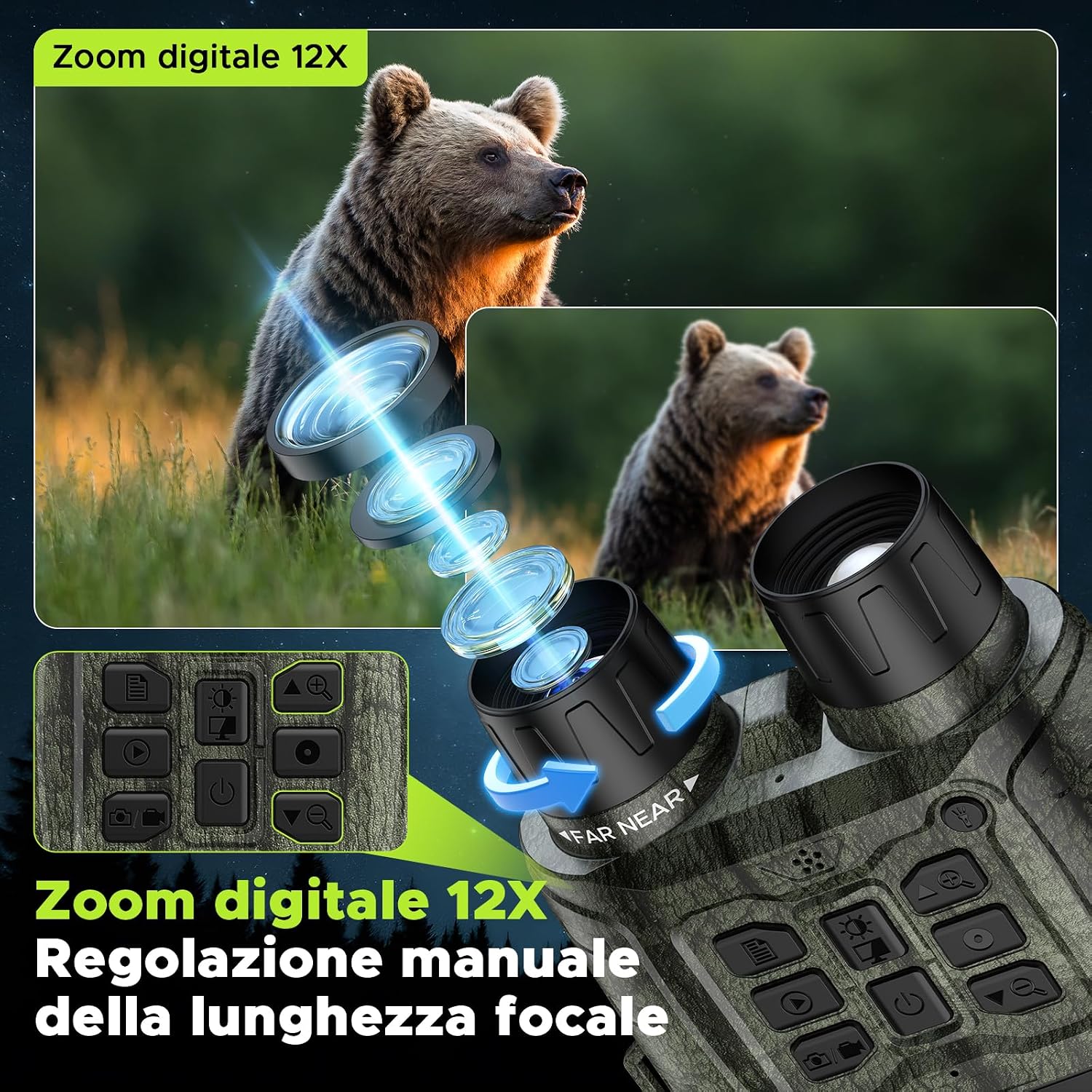 Detalle de HOTPEAK Binocolo Visione Notturna 112 MP 4K con Zoom 12X e batteria 5000mAh – 64GB inclusa