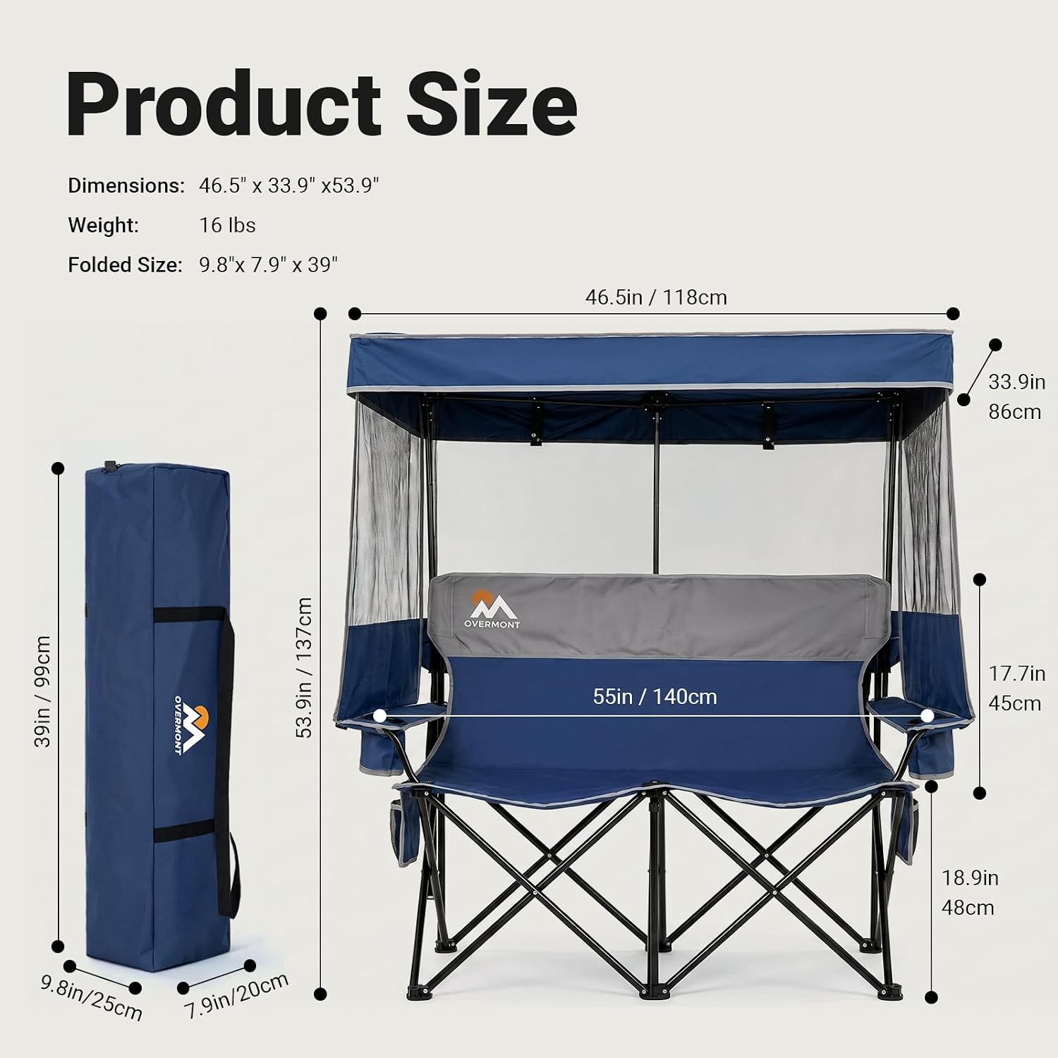 Detalle 2 de OVERMONT OM001936 Double Camping Loveseat with Adjustable Canopy