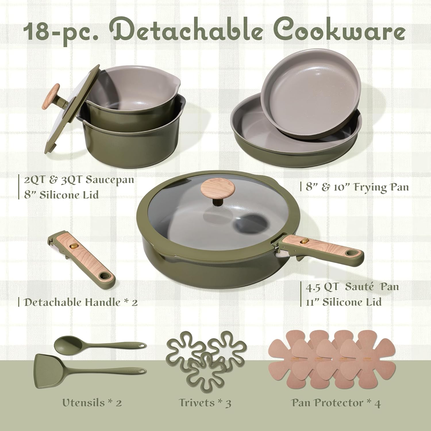 Thumbnail 1 de CAROTE 18-Piece Ceramic Cookware Set with Detachable Handles