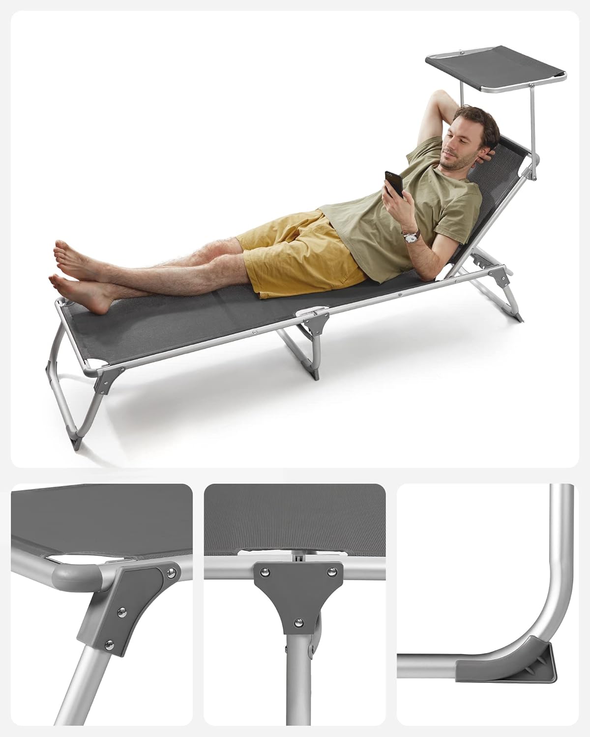 Thumbnail 6 de SONGMICS Sonnenliege mit Dach GCB19GYV1 – Aluminium, verstellbare Rückenlehne, klappbar (bis 150 kg)