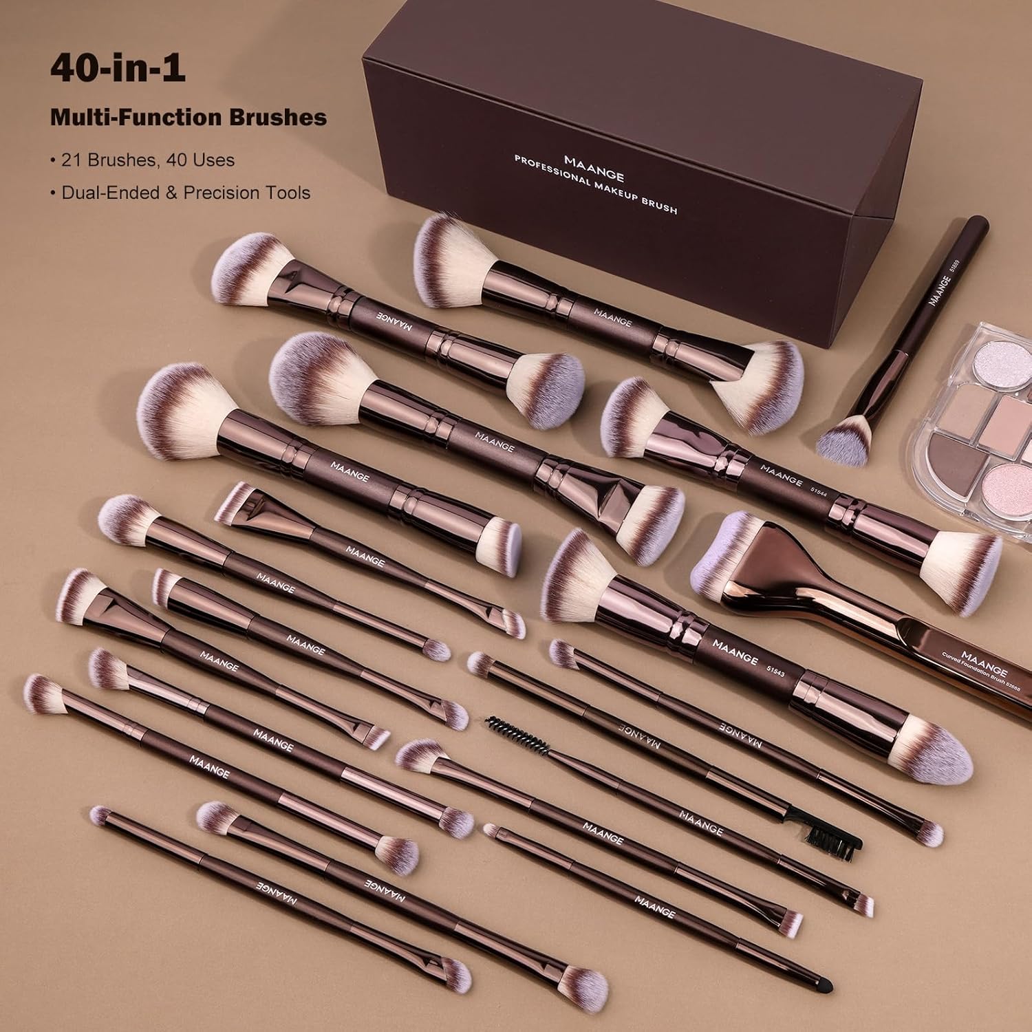 Detalle de MAANGE Make-up Pinselset 21-teilig mit Geschenkbox – 9 Gesichts- und 12 doppelseitige Augenpinsel