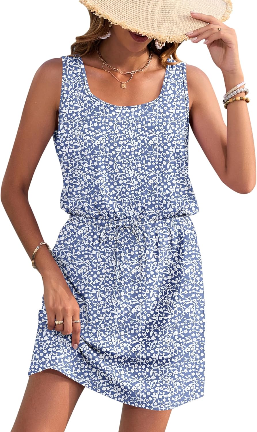 Detalle de WNEEDU Robe d'été sans manches pour femmes — robe de plage col en U avec cordon de serrage et poches