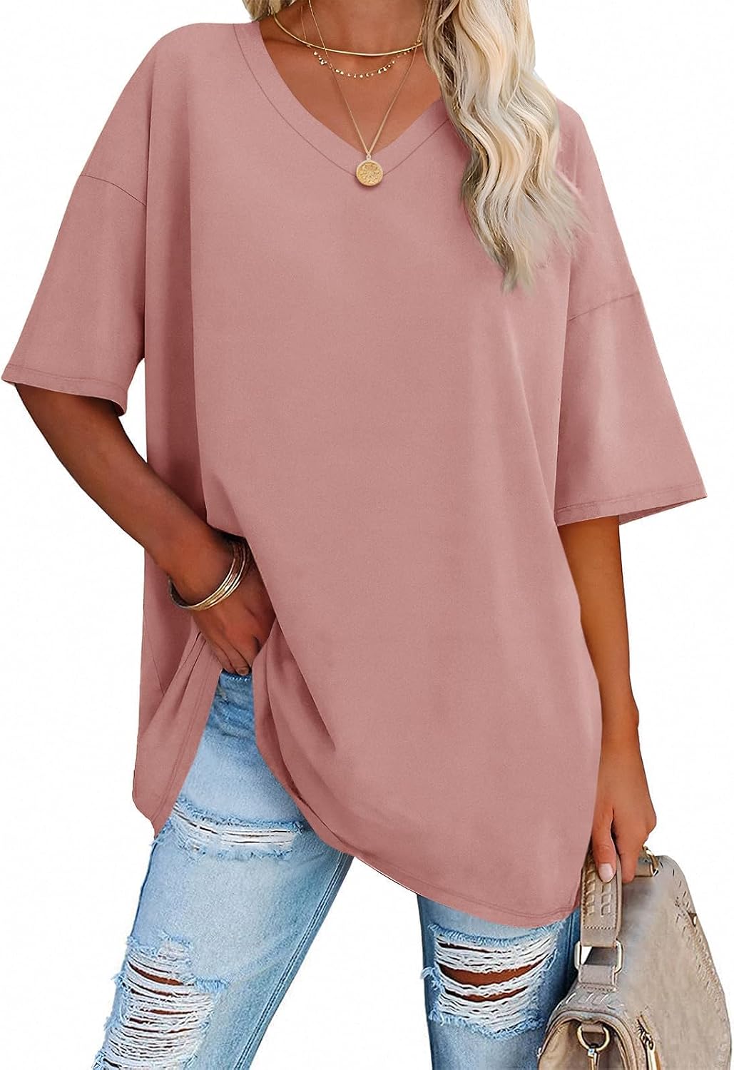 Detalle de Ebifin T-shirt oversized pour femme à col en V – Gris/Bleu, taille L