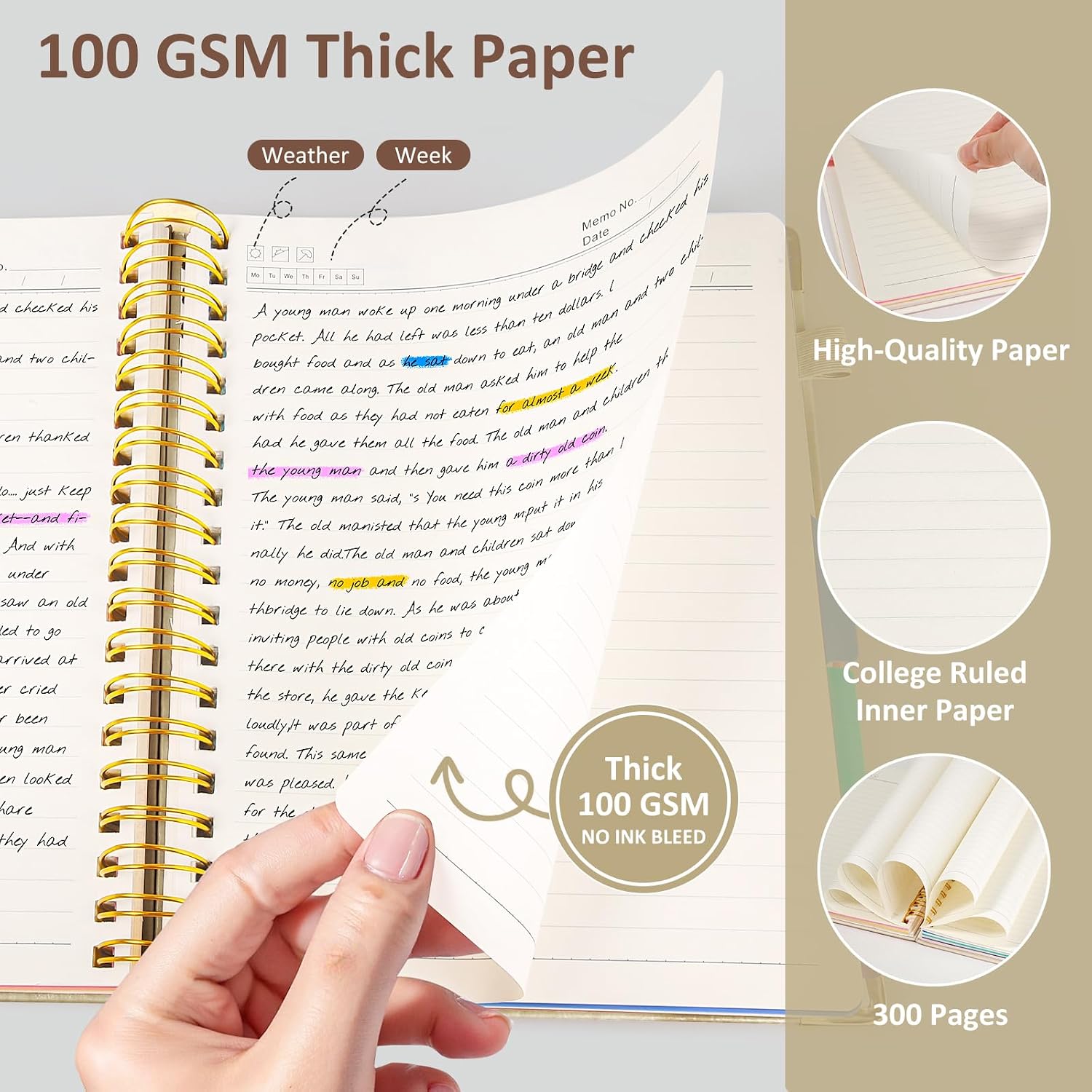 Detalle 1 de RIANEAN 8" x 10" Hardcover Spiral Notebook, 5 Subjects, 300 Pages