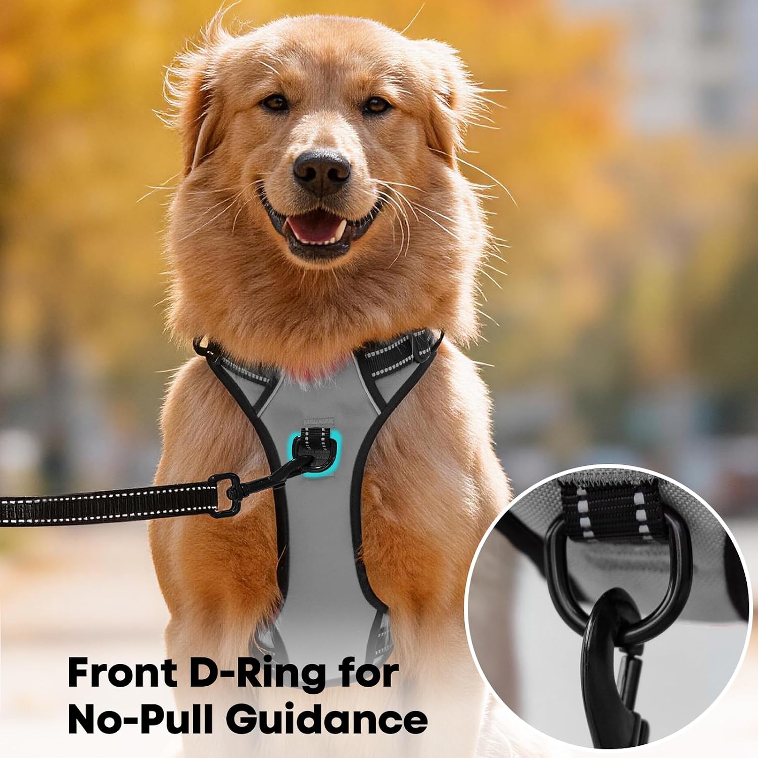 Detalle de PoyPet No Pull Dog Harness (Reflective Vest) with 2 Leash Attachments and Easy Control Handle, Grey