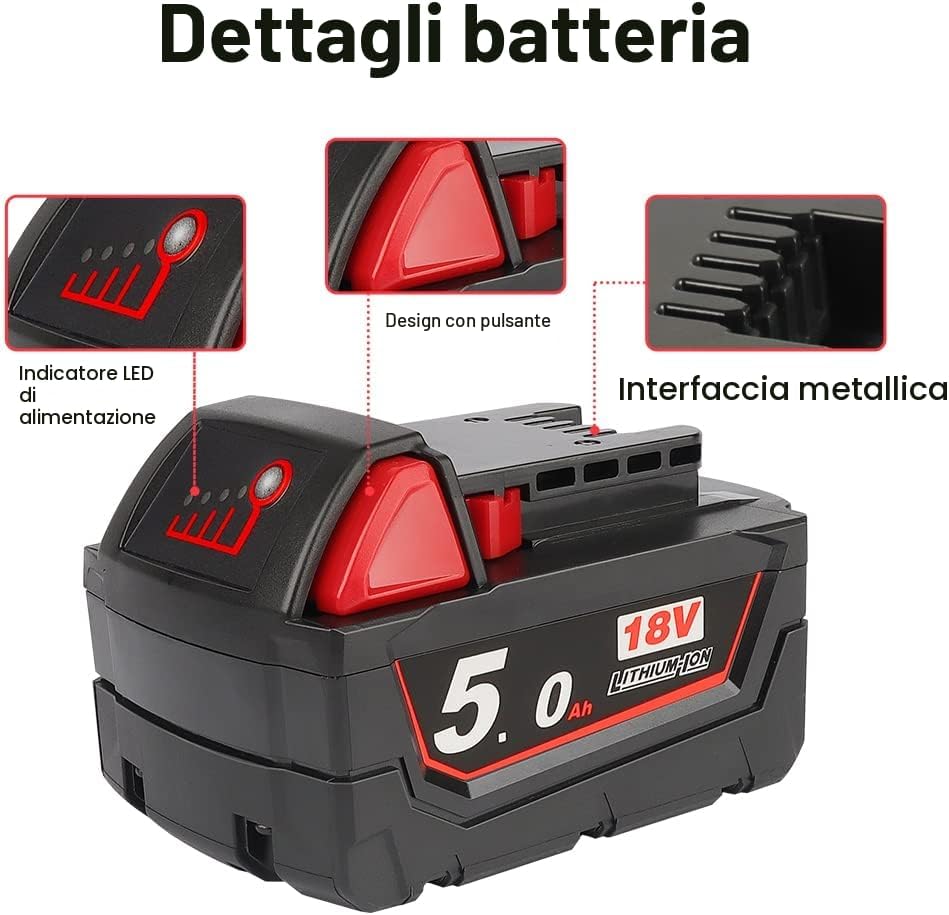 Detalle de Powarobor M18B5 18V 5.0Ah: Batteria di Ricambio agli ioni di litio per Milwaukee M18 (2 pezzi)