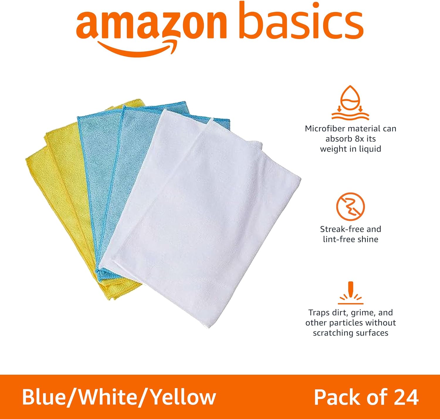 Thumbnail 1 de Amazon Basics Microfibre Cleaning Cloths (Pack of 24) – Blue, Orange & White, 40.5 x 30.5 cm