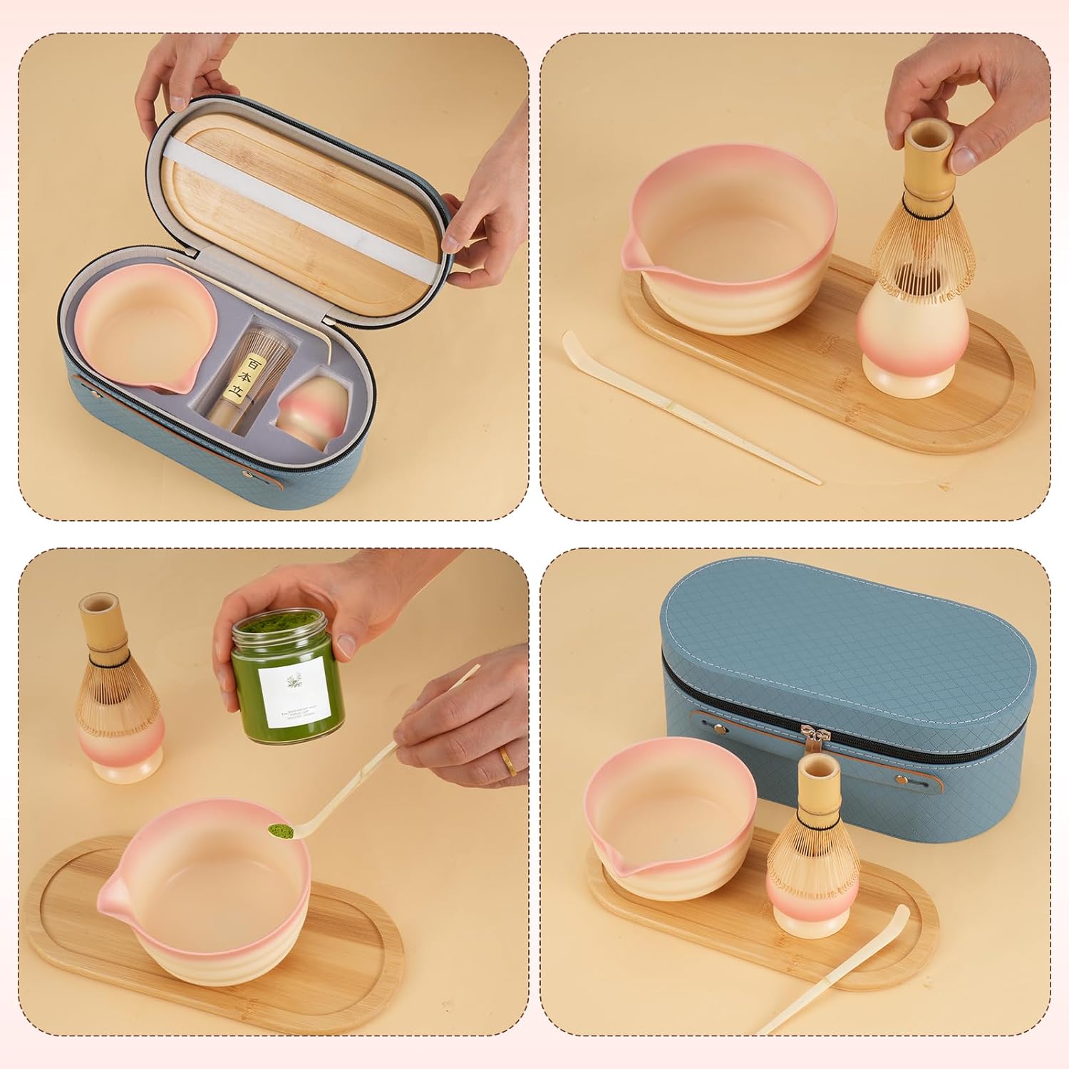 Thumbnail 6 de Japanisches Matcha Tee Set in Rosa (5-teilig) mit Bambustablett, Besen und Schale