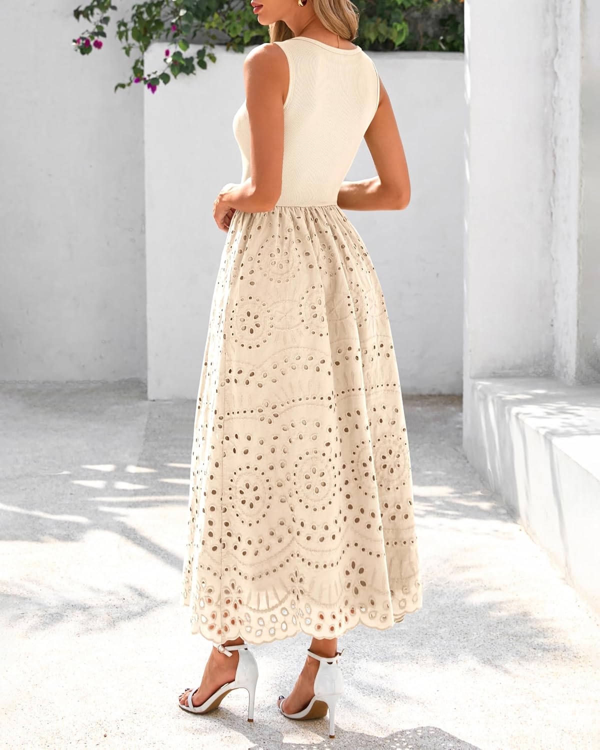Detalle de Dowerme Summer Lace Eyelet Maxi Dress with Pockets – Boho Cotton Sleeveless A-Line