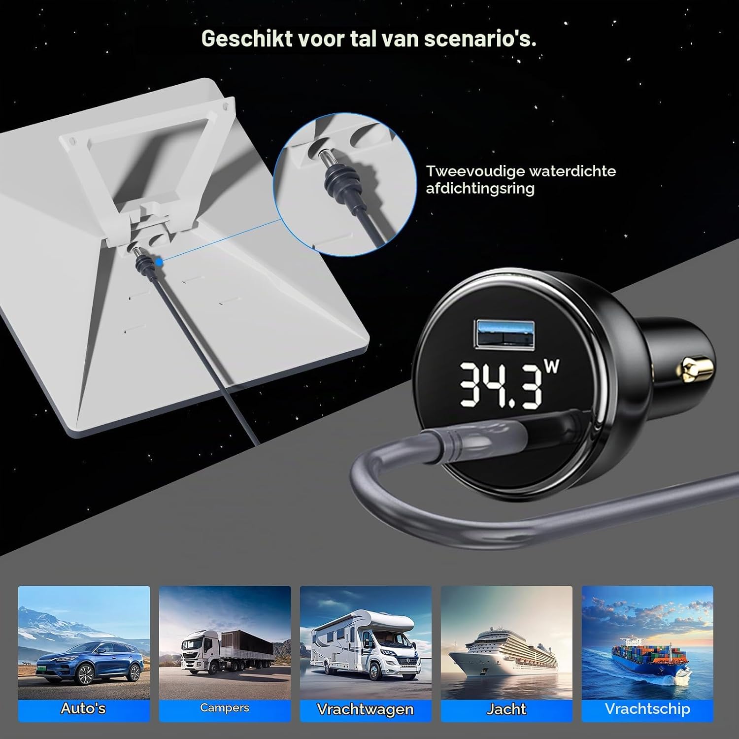 Detalle de EDUP Starlink Mini-autoadapter met 5 m kabel, voltmeter en USB-C