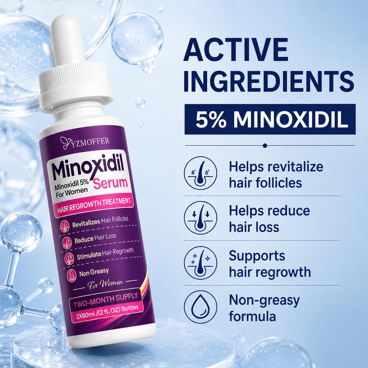 Detalle 1 de Yzmoffer 5% Minoxidil Hair Regrowth Treatment for Women, 2-Bottle Set