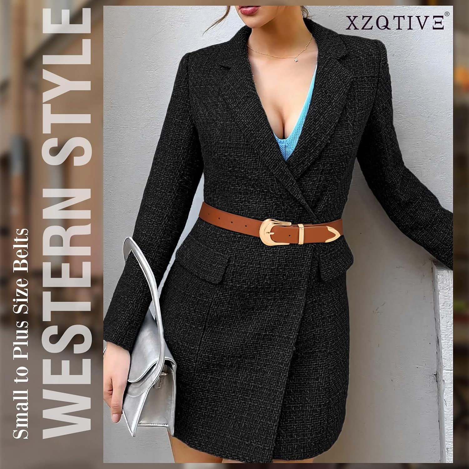 Detalle de XZQTIVE Women's Leather Belt with Western Buckle – Black, 1 inch Width, Faux Leather