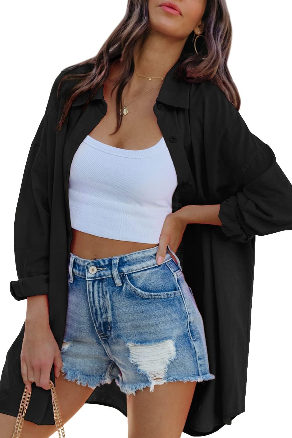 Thumbnail 1 de Cicy Bell Damen Oversized Langarm Button-Down Bluse aus Baumwolle – Einfarbig, mit Taschen