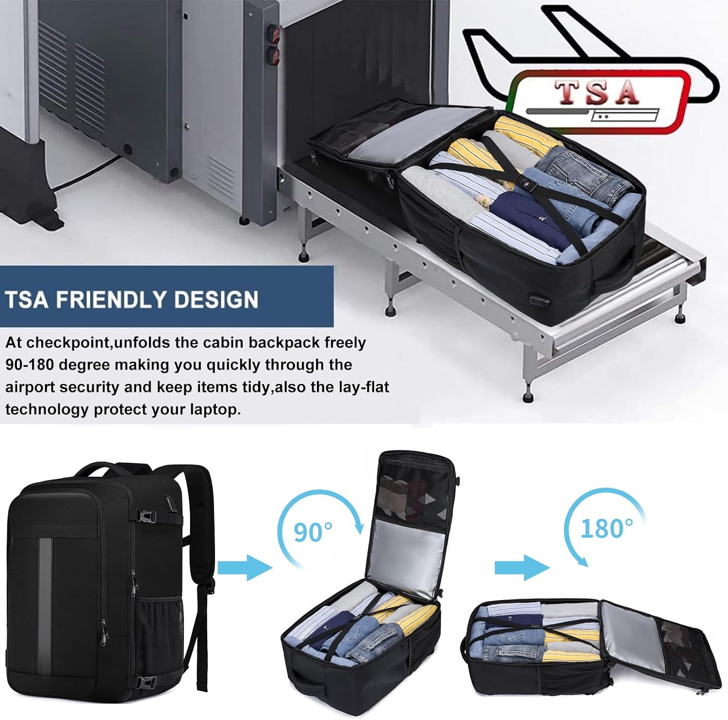 Detalle 2 de Cabin Bag 55x35x25cm (48L) Travel Backpack with USB Charging Port and Laptop Compartment – Cabin carry-on approved, Black