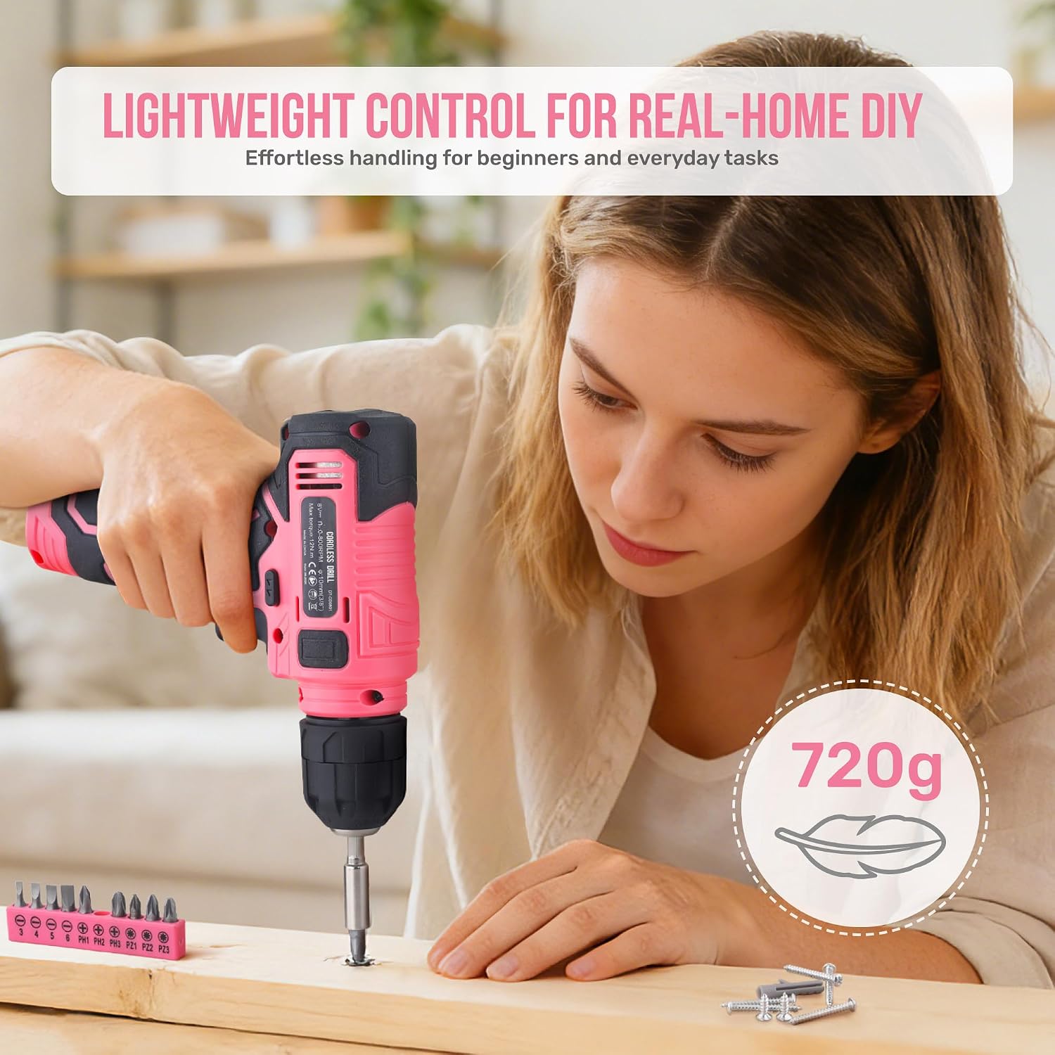 Detalle 2 de Hi-Spec DT30558P-DE 8V Cordless Drill and Pink Home Tool Set