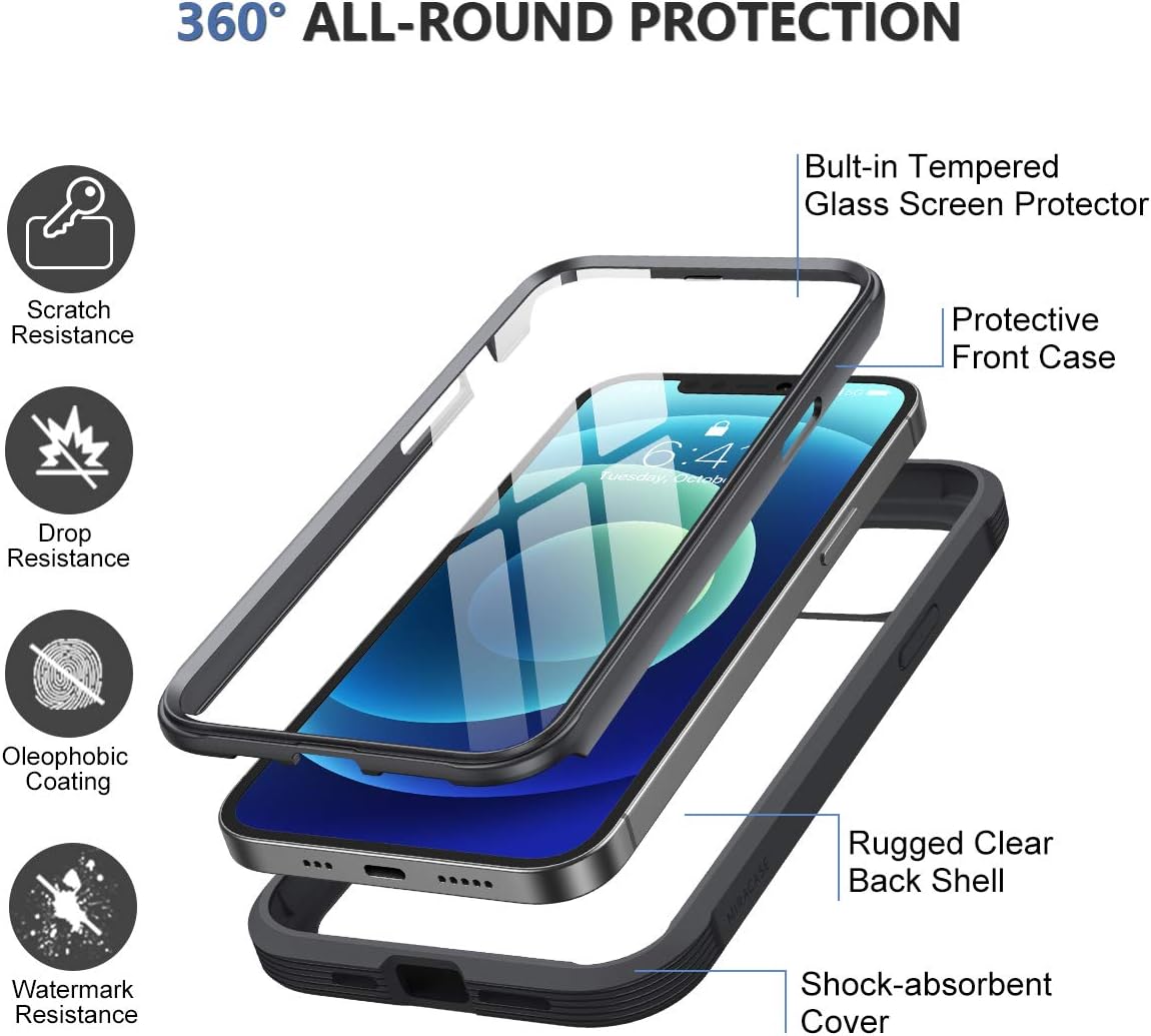 Detalle de Miracase iPhone 12 / 12 Pro 6.1-inch Case with Built-in Tempered Glass Screen Protector (Full Body, Black)