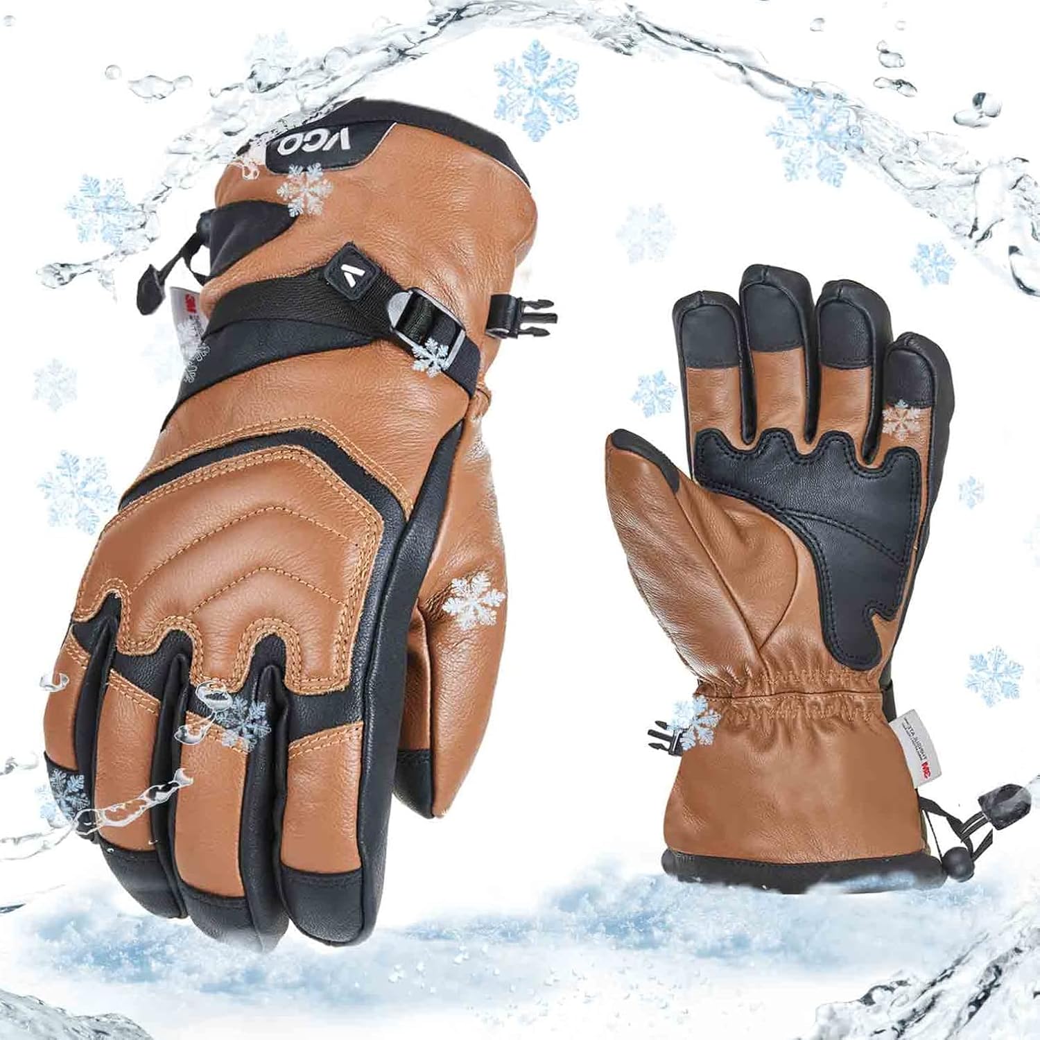 Vgo Gants de Ski doublés cuir chèvre imperméables 4℃