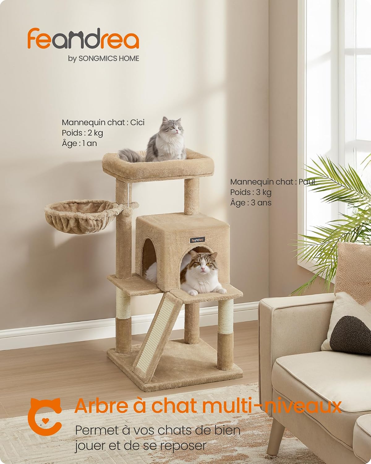 Detalle de Feandrea Arbre à Chat, Tour de Jeux, Grand Plate-Forme – Marron Camel PCT051K03