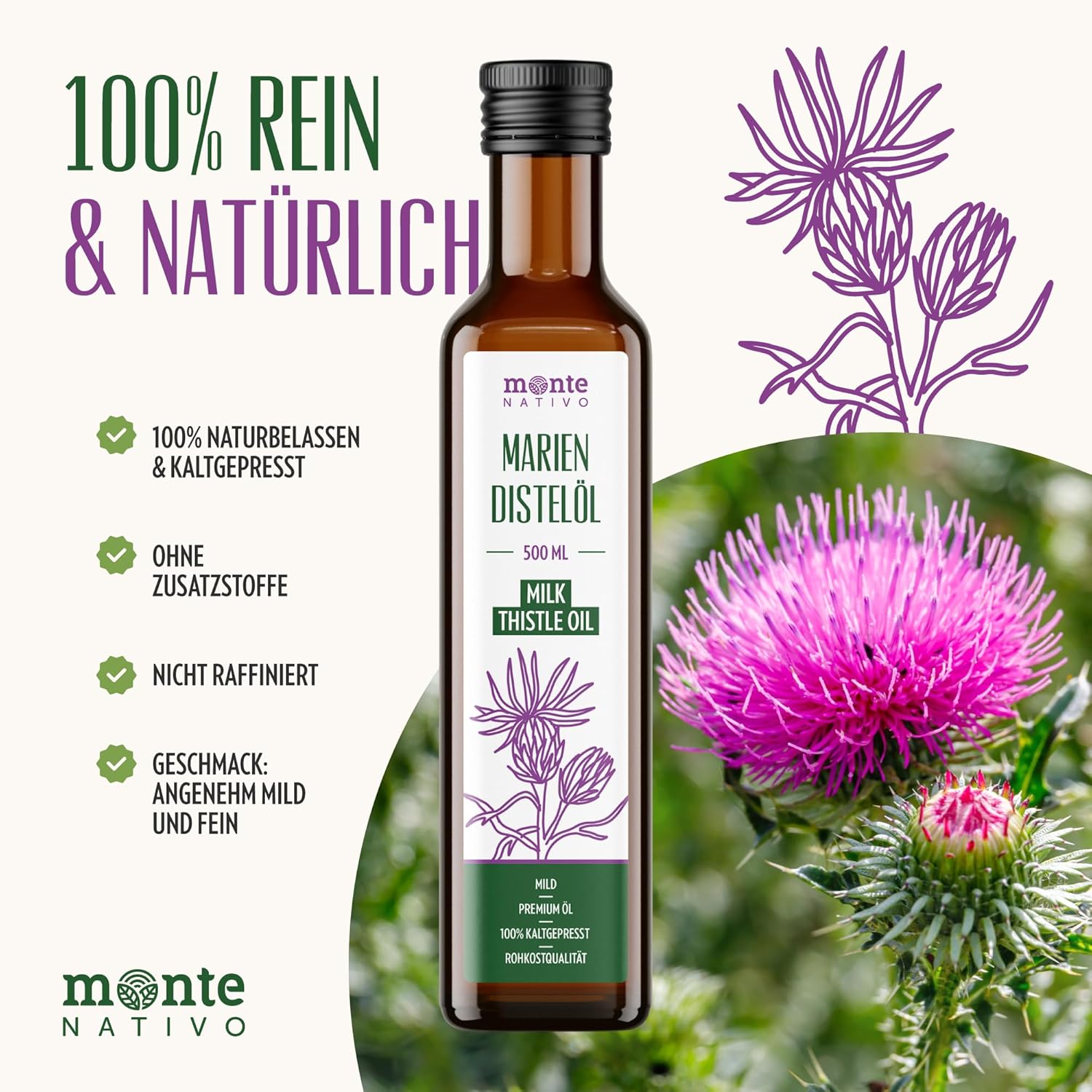 Detalle de Mariendistelöl Monte Nativo (2x500ml) – kaltgepresstes, natives Öl aus Mariendistelsamen