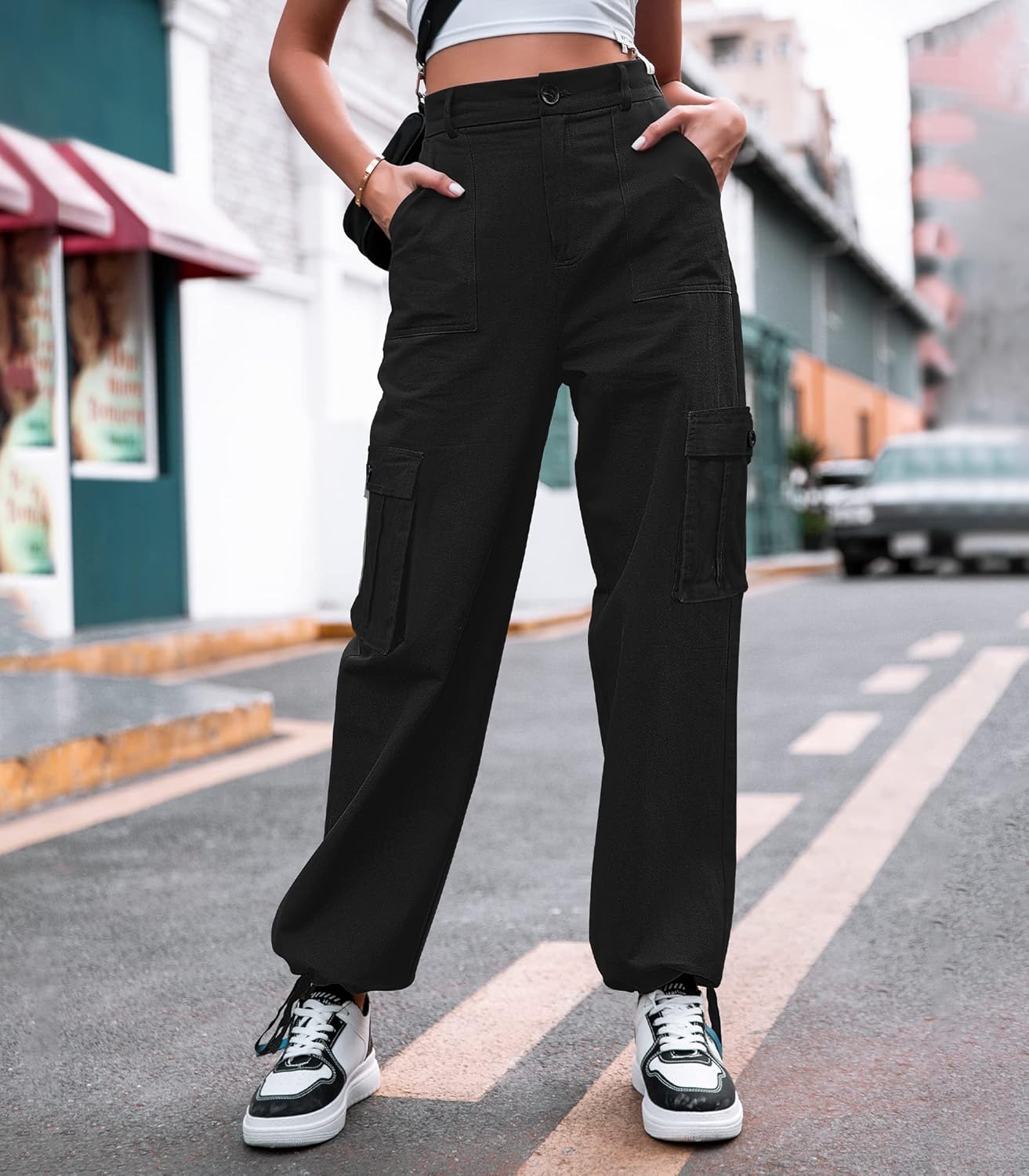 Detalle 2 de Dordanity Y2K Cargohose für Damen – Baggy Baggy-Hose mit High Waist und Multi-Taschen