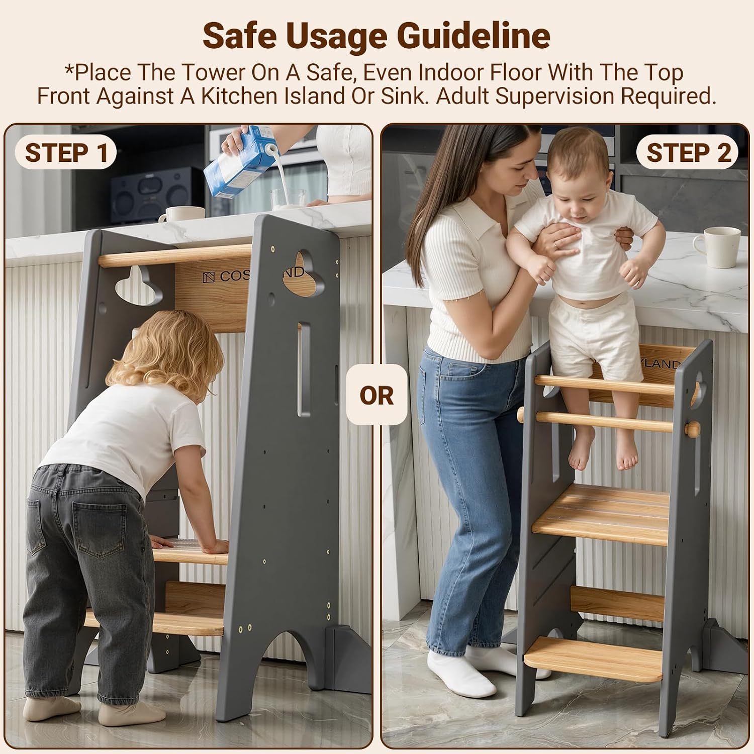 Detalle 2 de COSYLAND CS000132-3-CA Toddler Kitchen Tower, 3-Level Adjustable, Natural & Grey