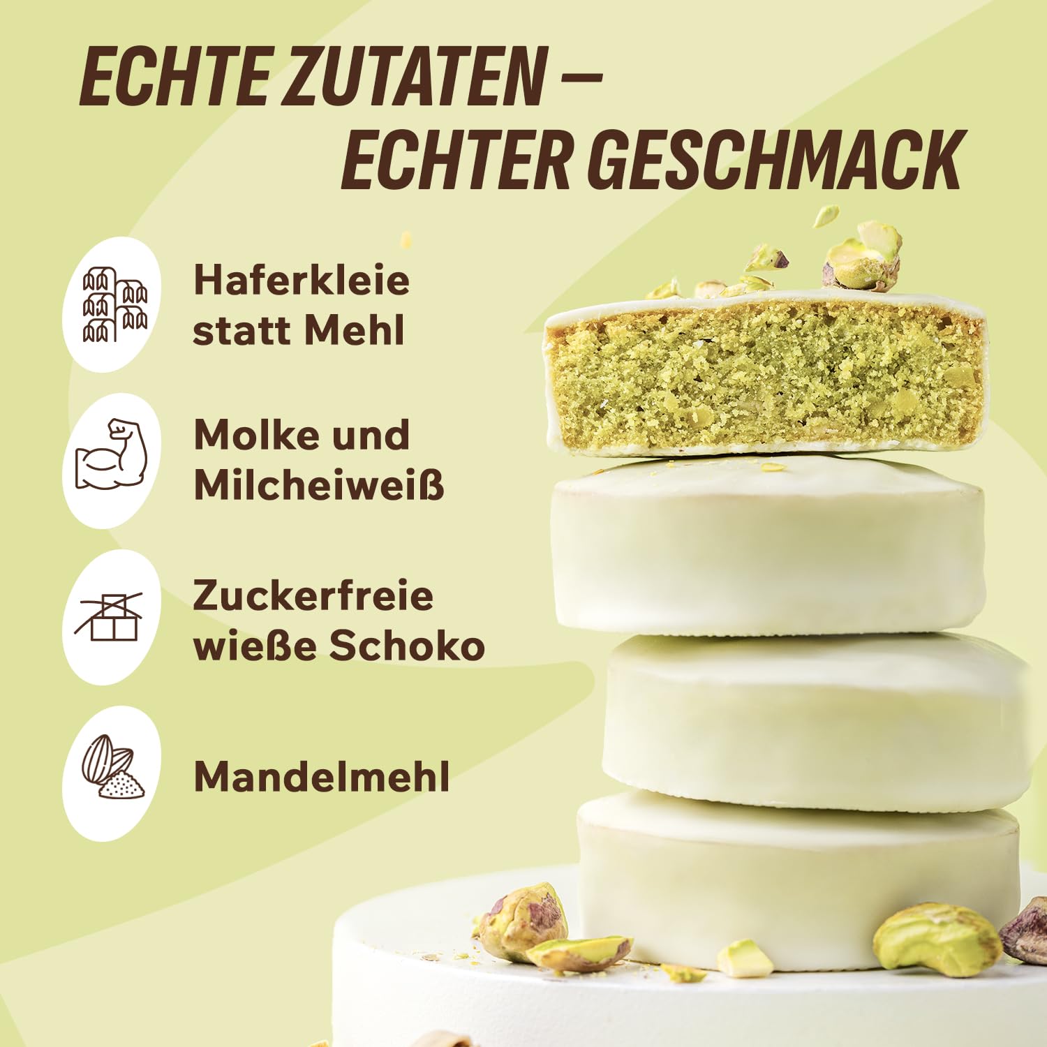 Detalle 2 de FitnesSHOCK Protein Brownie Snack (Pistazien) – ohne Zuckerzusatz, low carb, 15% Eiweiß, 10 x 50 g