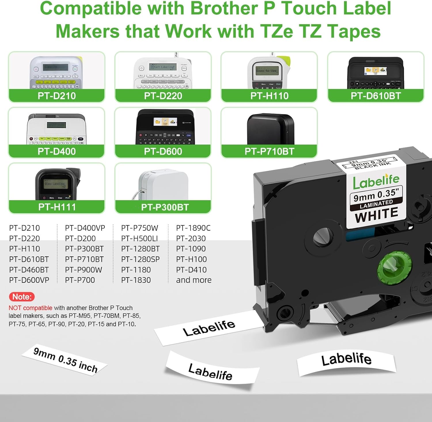 Detalle de Labelife 9mm TZe-221 Laminated Label Tape 4-Pack for Brother P-Touch – 3/8 inch (9mm) Wide, White with Black Text